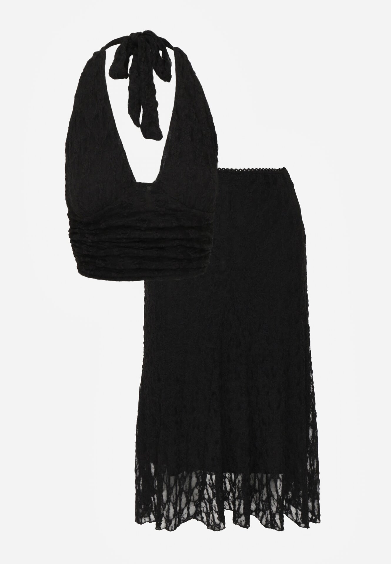 Czarny Koronkowy Komplet Top Wiązany na Szyi i Spódnica Corinatea