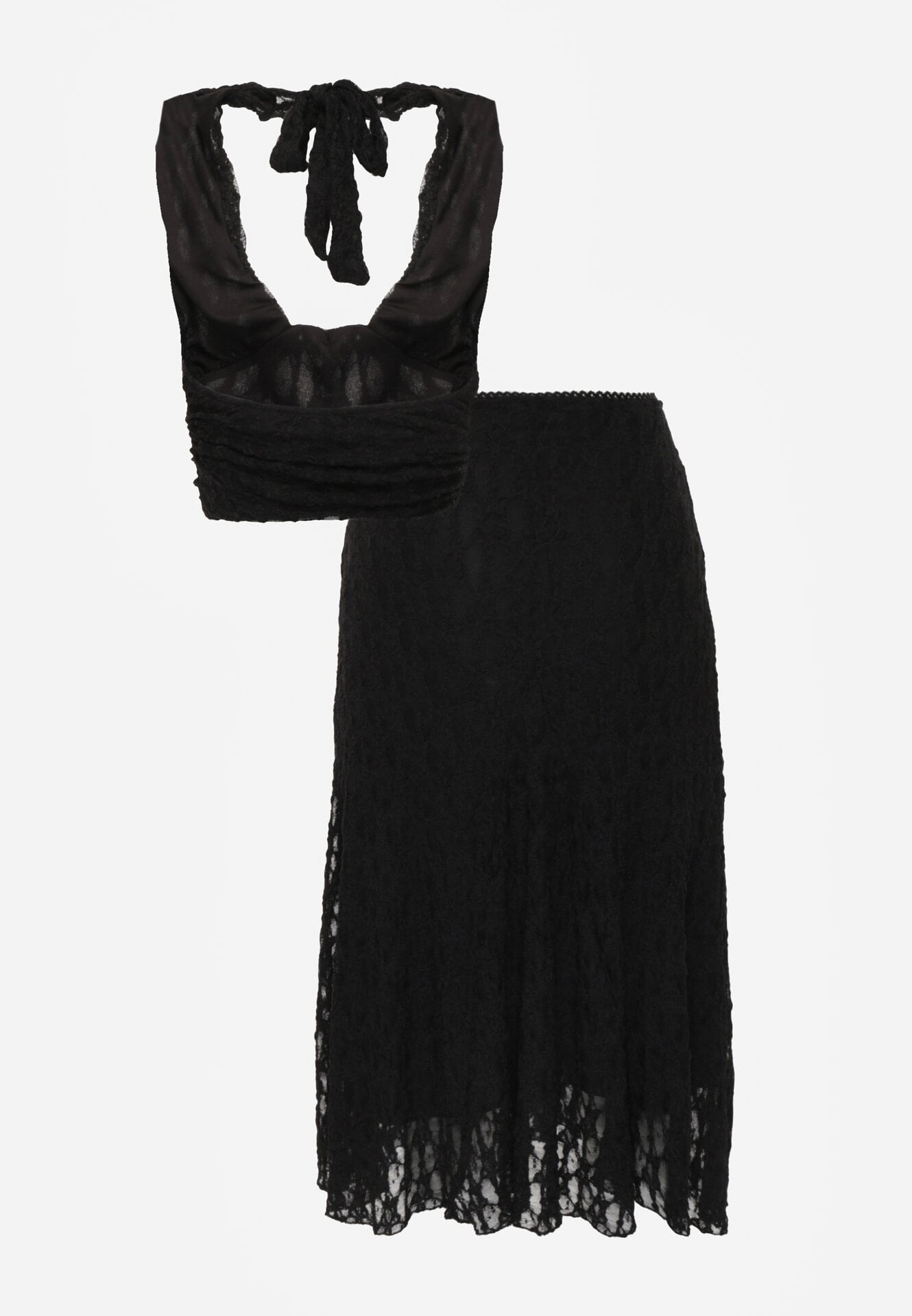 Czarny Koronkowy Komplet Top Wiązany na Szyi i Spódnica Corinatea