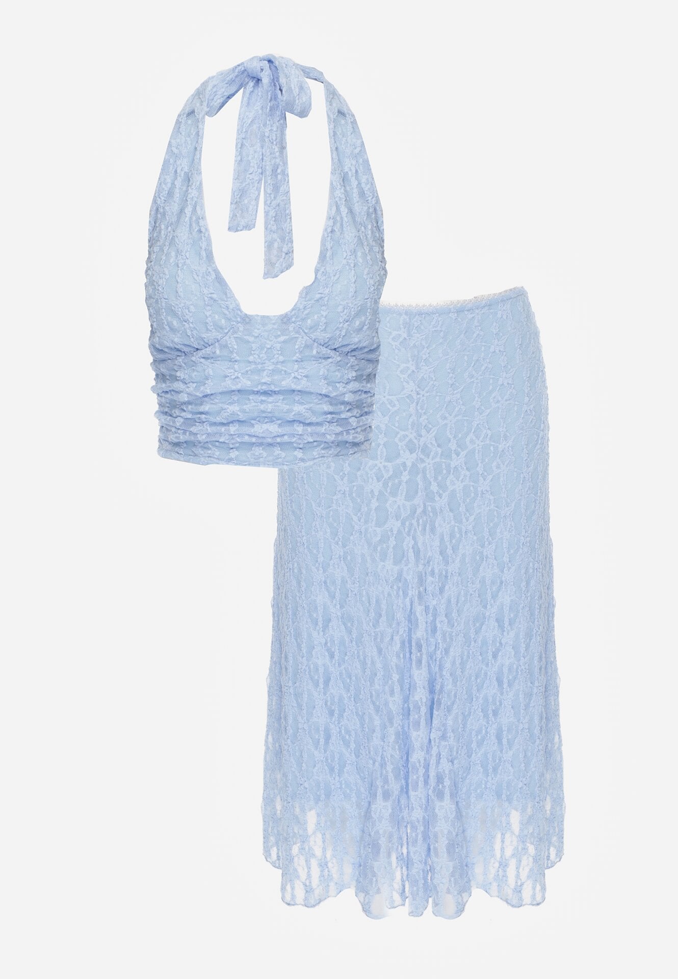 Niebieski Koronkowy Komplet Top Wiązany na Szyi i Spódnica Corinatea