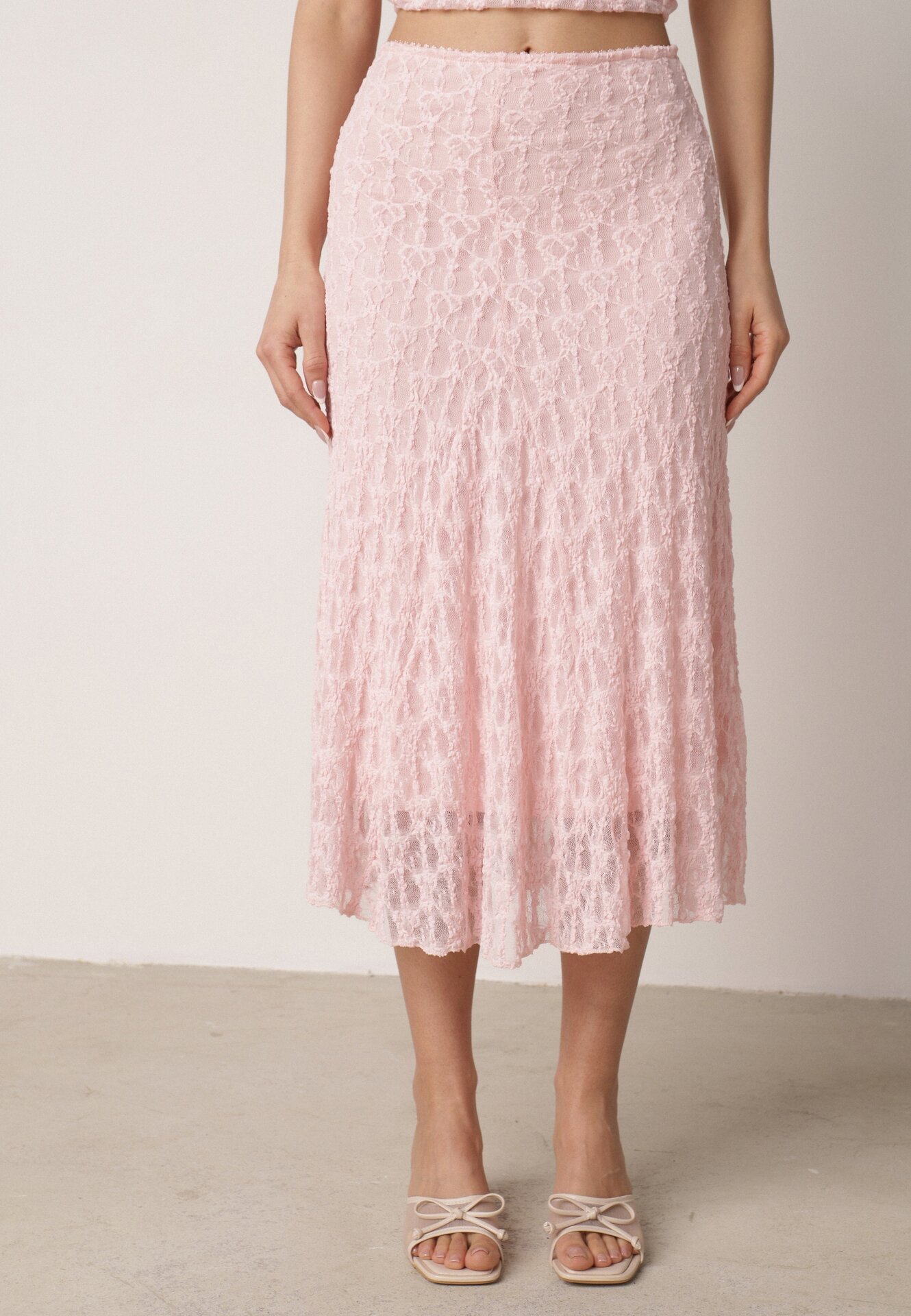 Różowy Koronkowy Komplet Top Wiązany na Szyi i Spódnica Corinatea