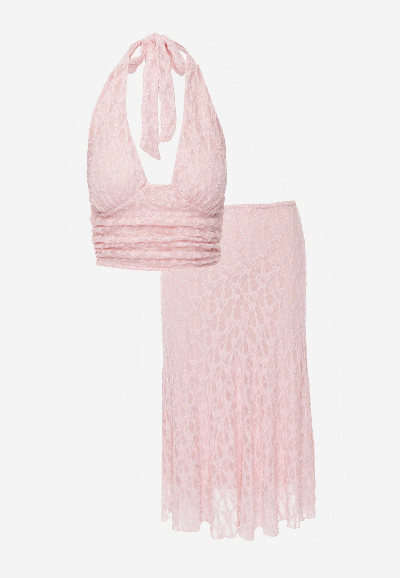 Różowy Koronkowy Komplet Top Wiązany na Szyi i Spódnica Corinatea