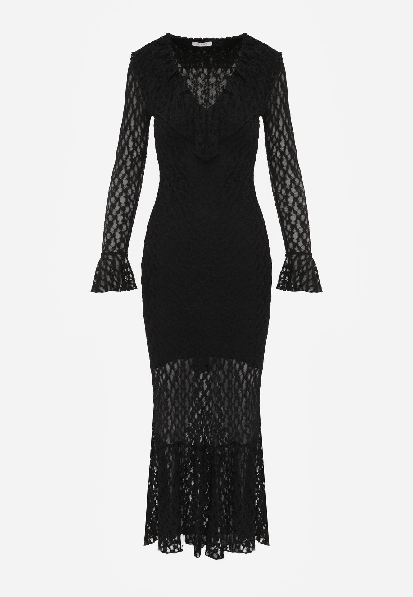 Czarna Koktajlowa Sukienka Koronkowa z Dekoltem V i Falbanami Frevina