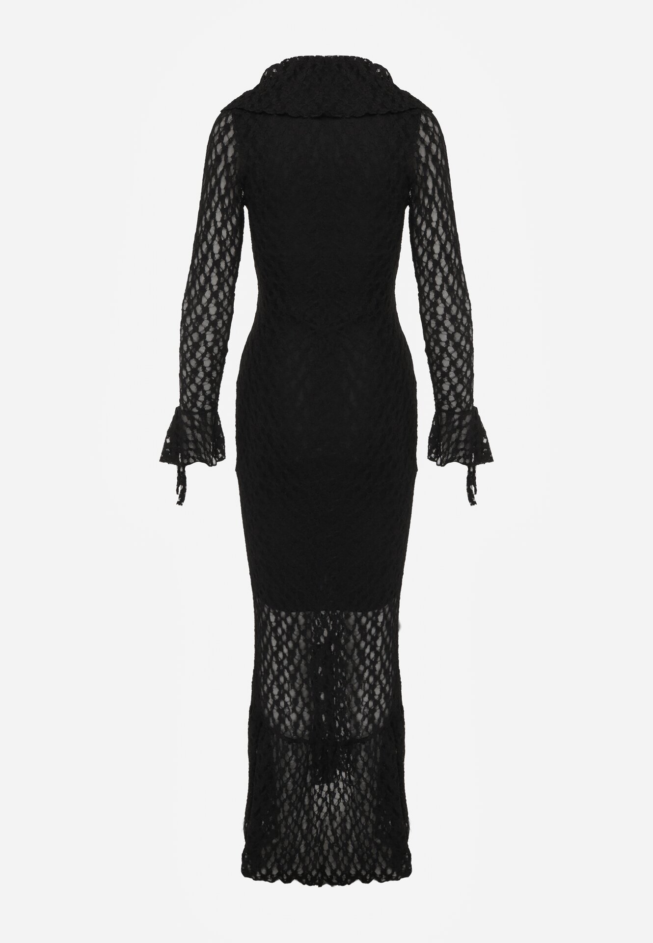 Czarna Koktajlowa Sukienka Koronkowa z Dekoltem V i Falbanami Frevina