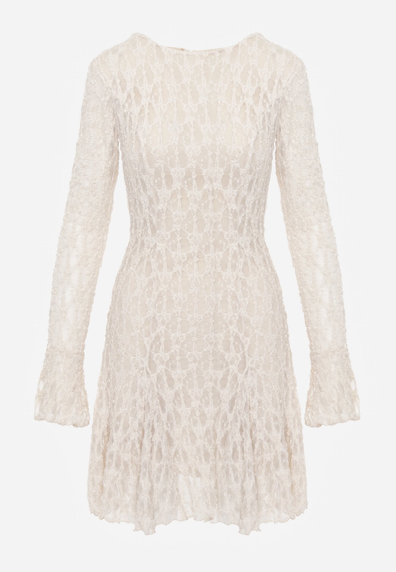 Beżowa Sukienka Koronkowa z Rozkloszowanymi Rękawami Cinatea