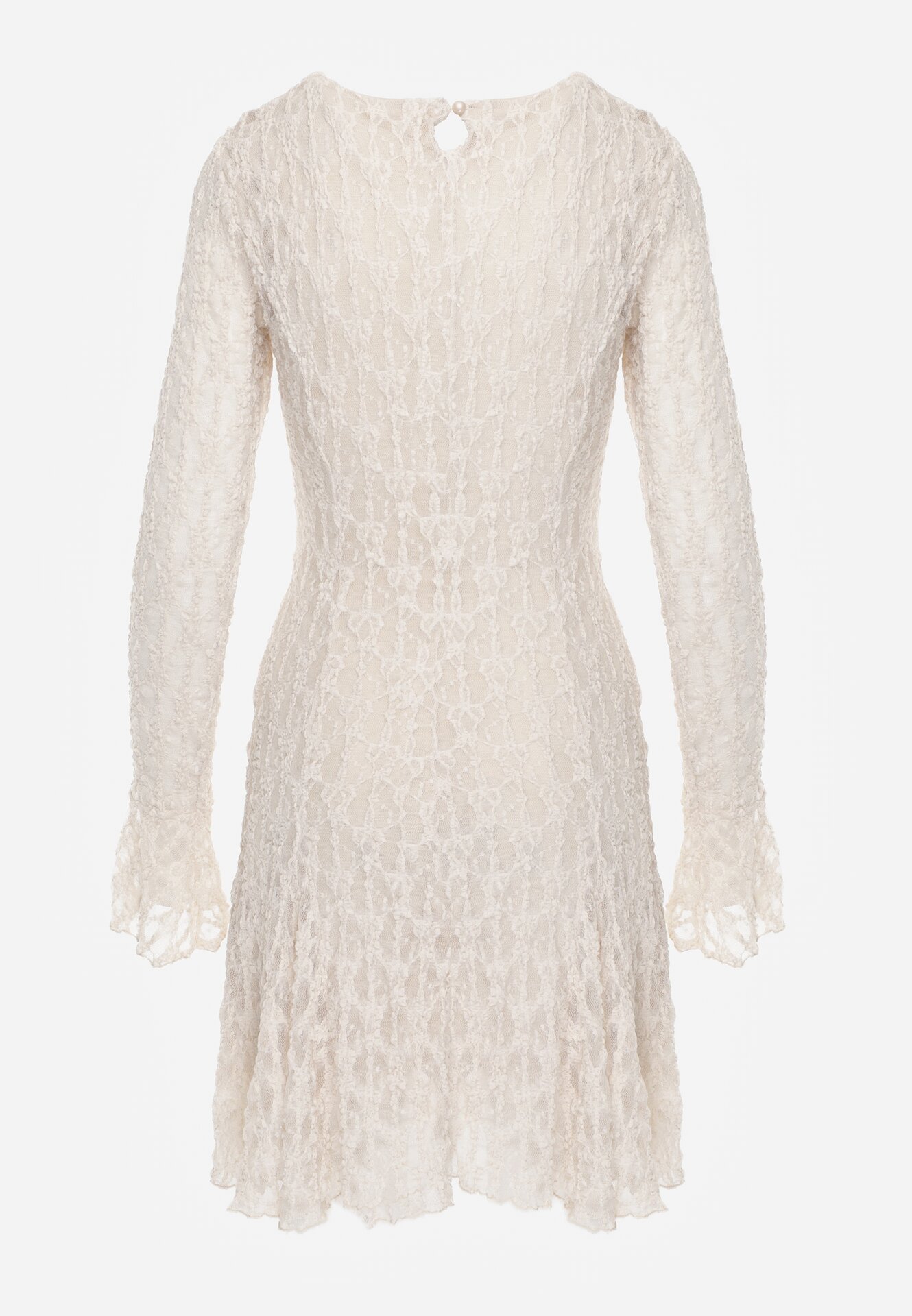 Beżowa Sukienka Koronkowa z Rozkloszowanymi Rękawami Cinatea