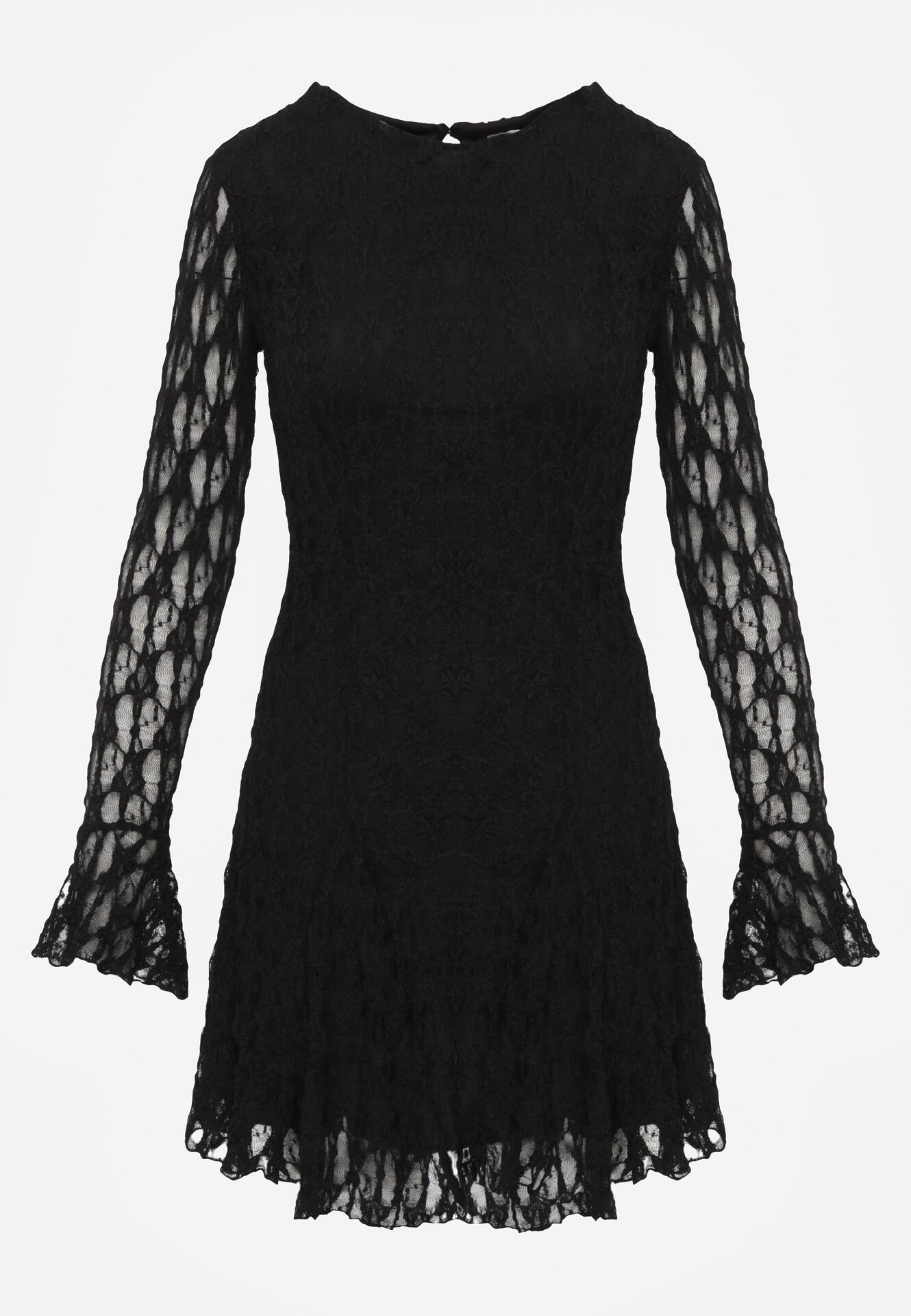 Czarna Sukienka Koronkowa z Rozkloszowanymi Rękawami Cinatea