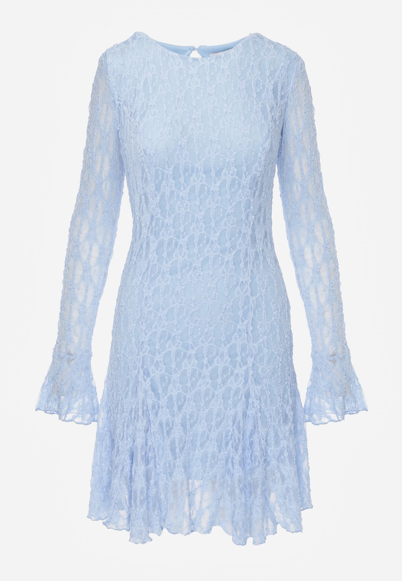 Niebieska Sukienka Koronkowa z Rozkloszowanymi Rękawami Cinatea