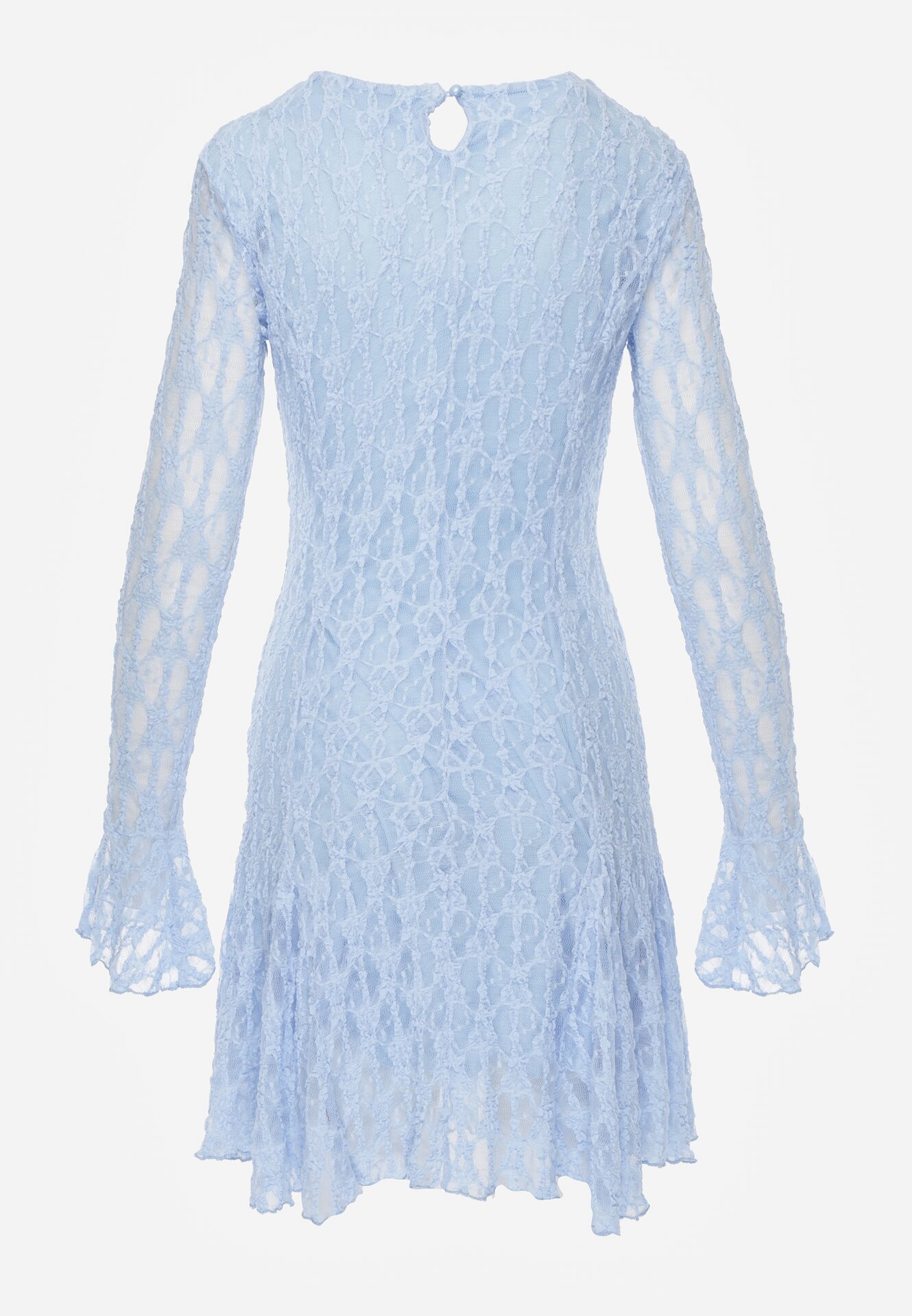Niebieska Sukienka Koronkowa z Rozkloszowanymi Rękawami Cinatea