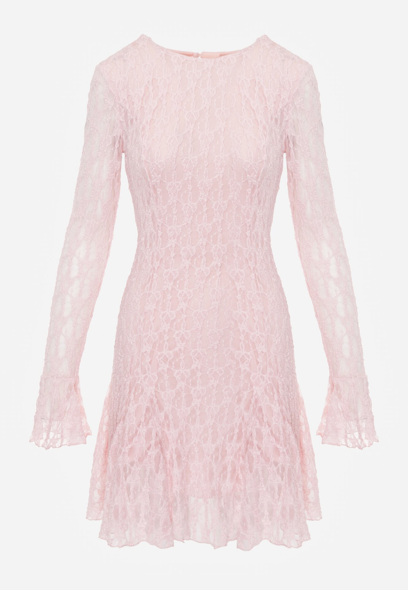 Różowa Sukienka Koronkowa z Rozkloszowanymi Rękawami Cinatea