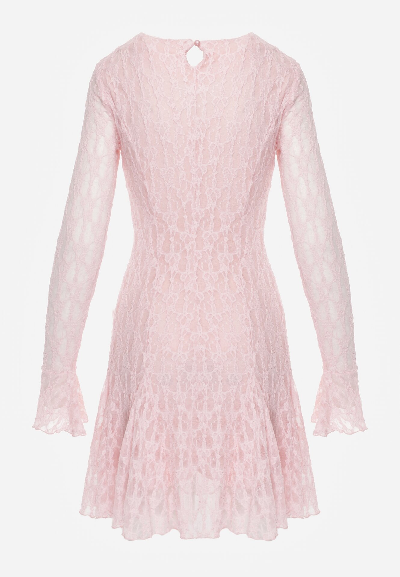 Różowa Sukienka Koronkowa z Rozkloszowanymi Rękawami Cinatea