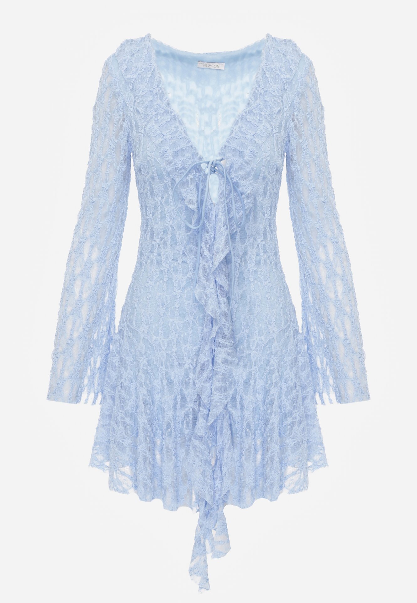 Niebieska Koronkowa Sukienka z Falbankami i Wiązaniem przy Dekolcie Delanatea