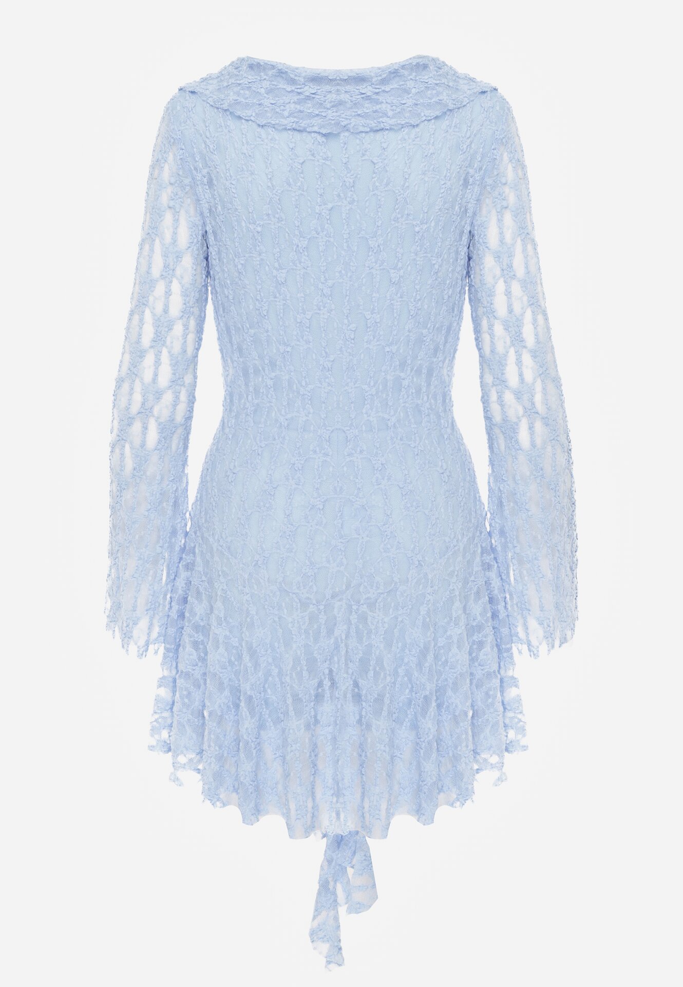 Niebieska Koronkowa Sukienka z Falbankami i Wiązaniem przy Dekolcie Delanatea