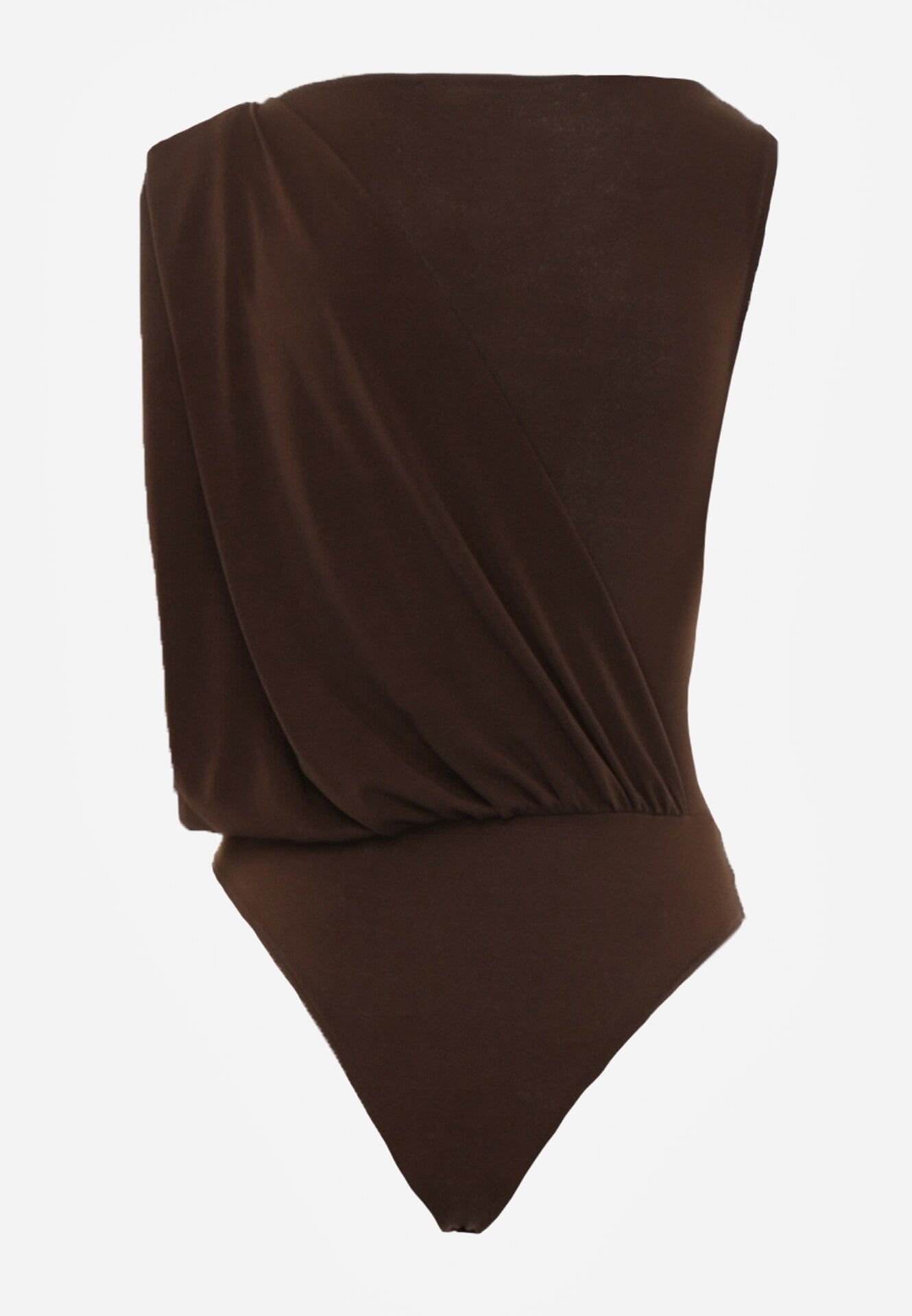 Brązowe Marszczone Body z Dekoltem Łódka i Ozdobną Aplikacją na Ramieniu Carlenka