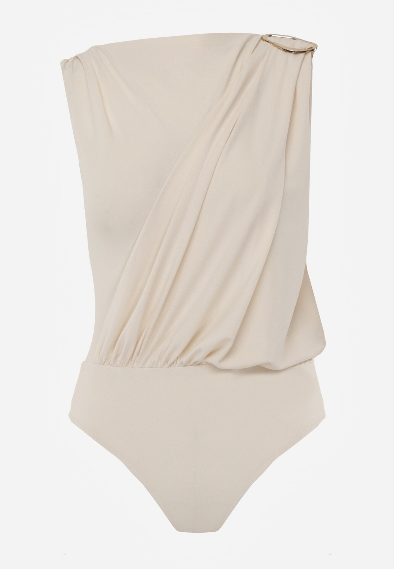 Beżowe Marszczone Body z Dekoltem Łódka i Ozdobną Aplikacją na Ramieniu Carlenka