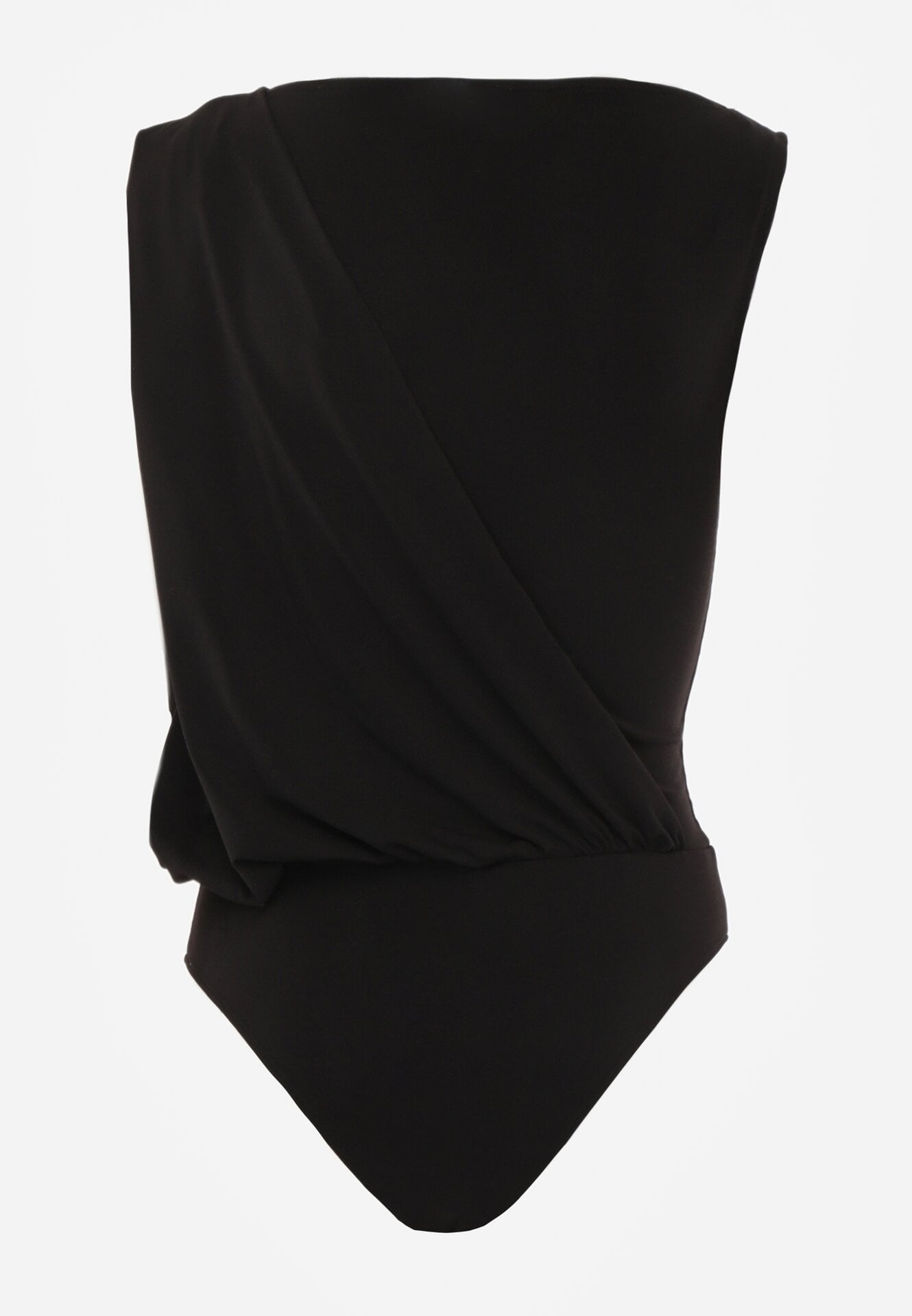 Czarne Marszczone Body z Dekoltem Łódka i Ozdobną Aplikacją na Ramieniu Carlenka