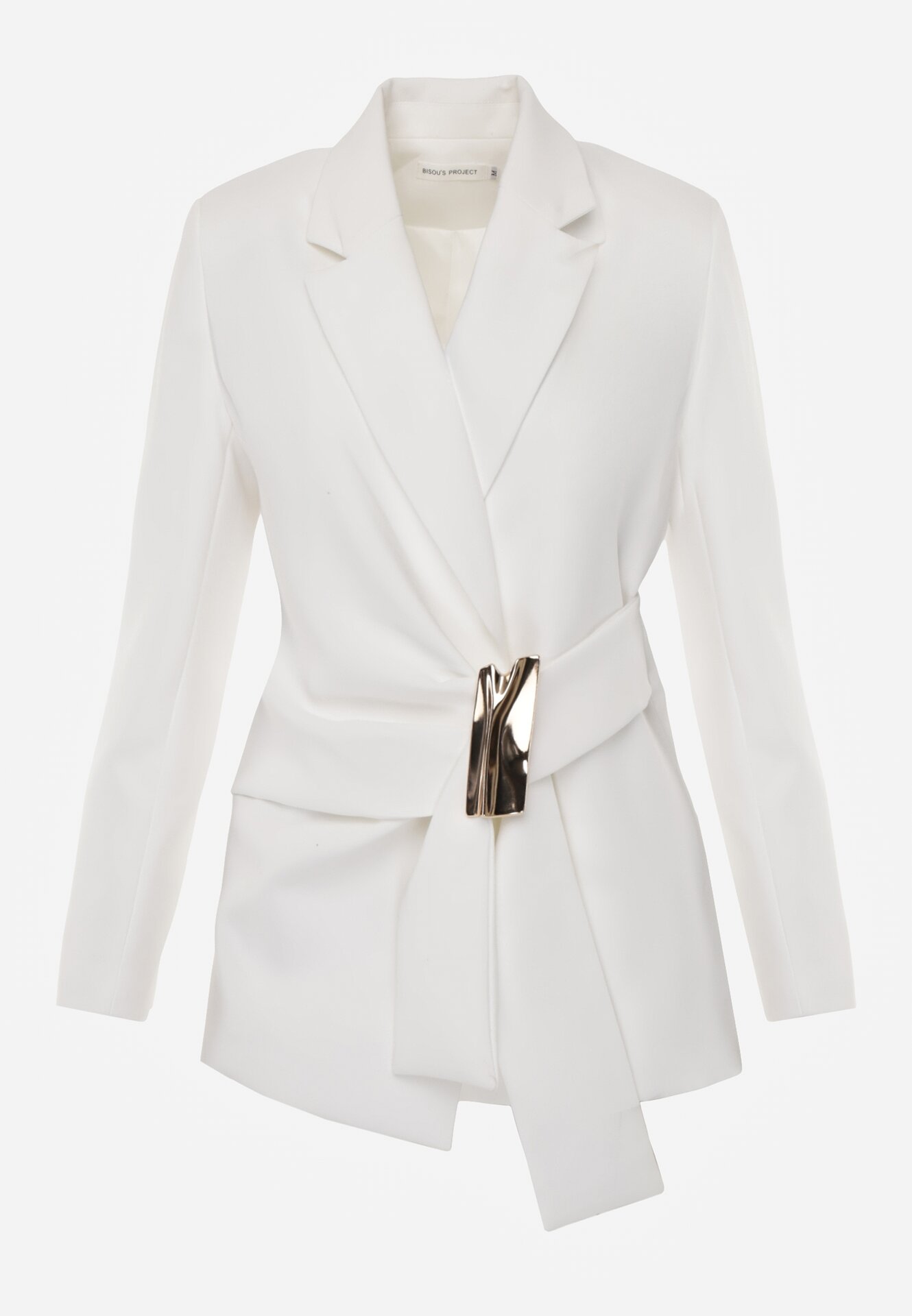 Biała Taliowana Marynarka z Wiskozą z Marszczeniem i Aplikacją przy Wiązaniu Alyndra