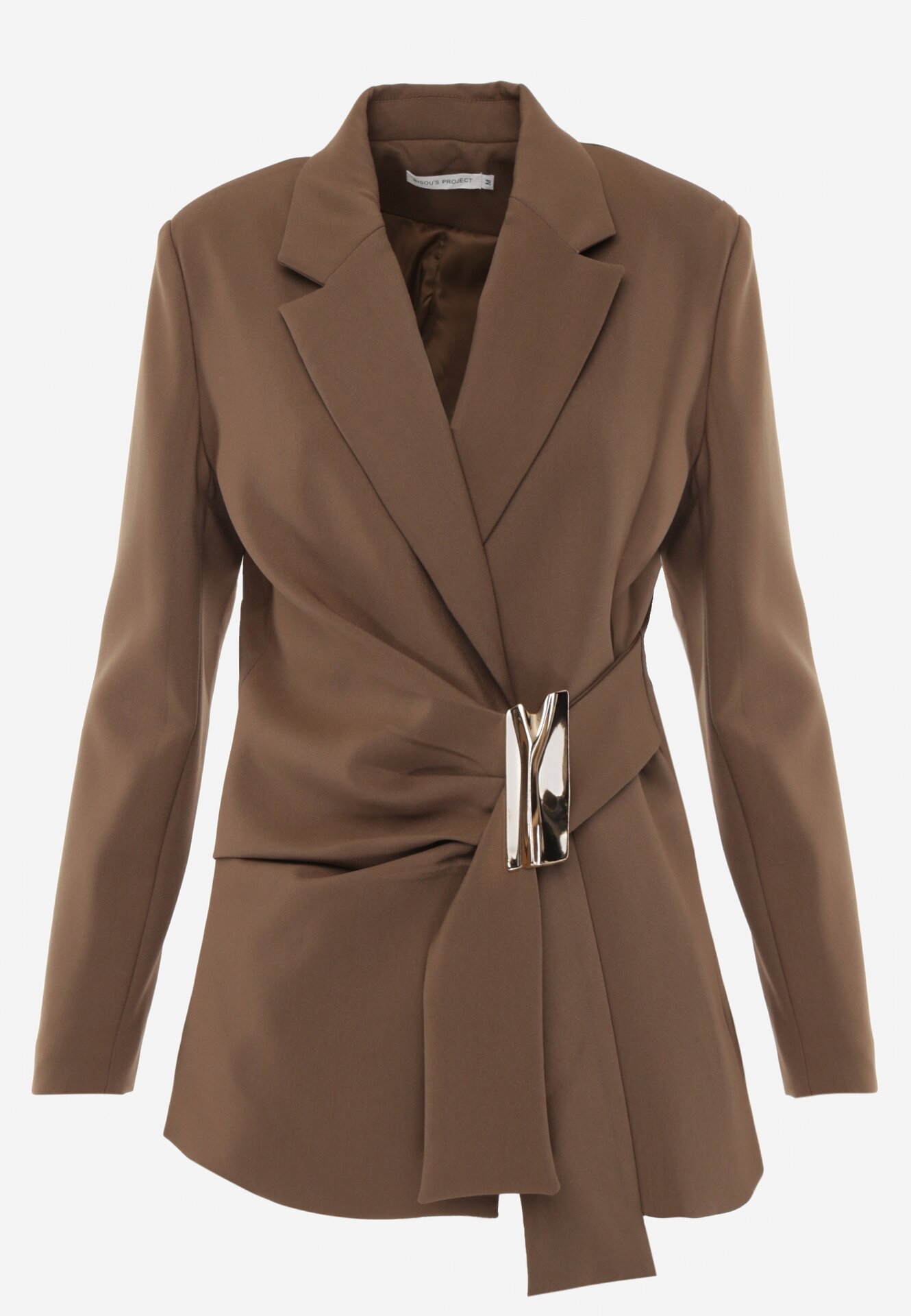 Brązowa Taliowana Marynarka z Wiskozą z Marszczeniem i Aplikacją przy Wiązaniu Alyndra