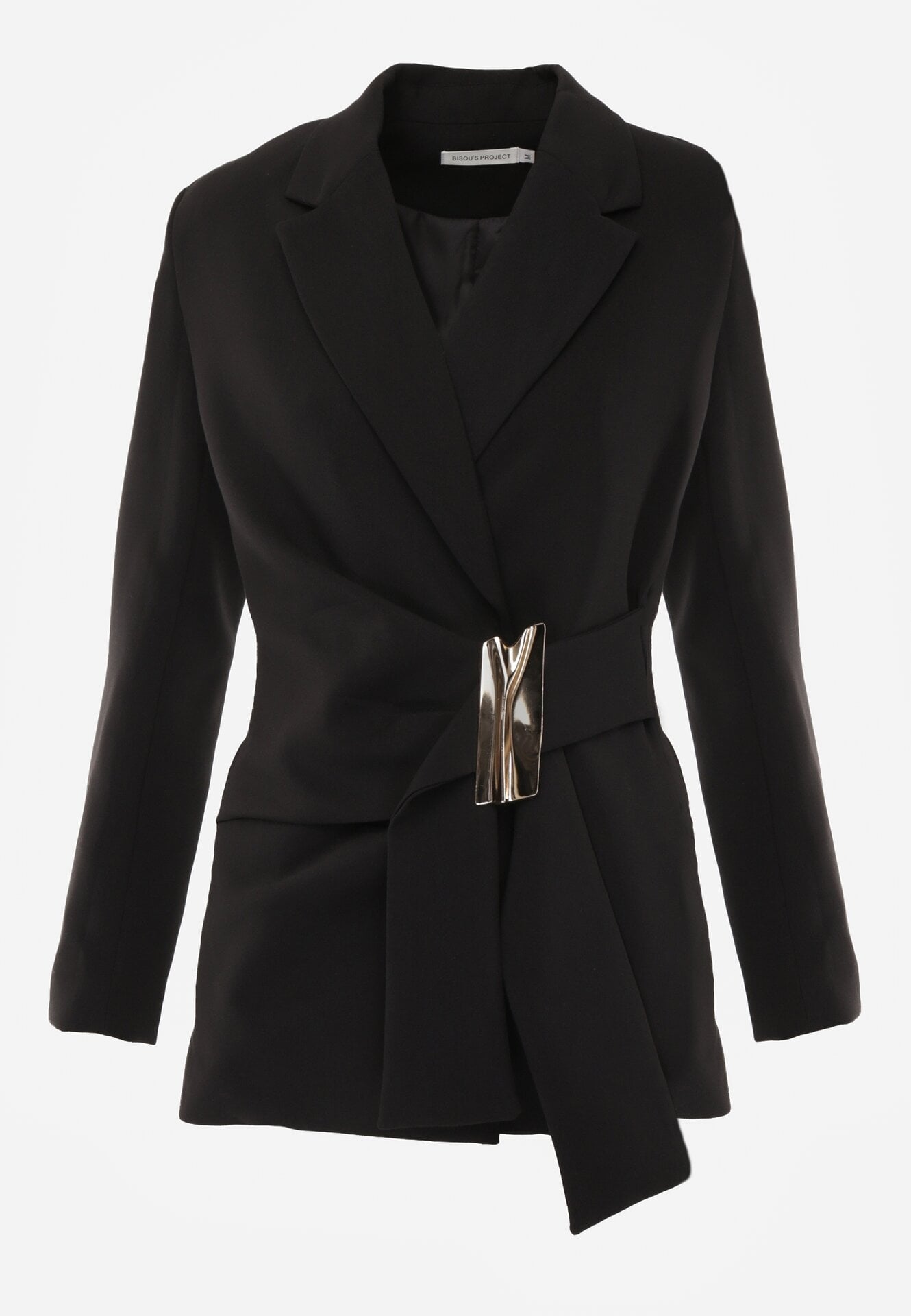 Czarna Taliowana Marynarka z Wiskozą z Marszczeniem i Aplikacją przy Wiązaniu Alyndra