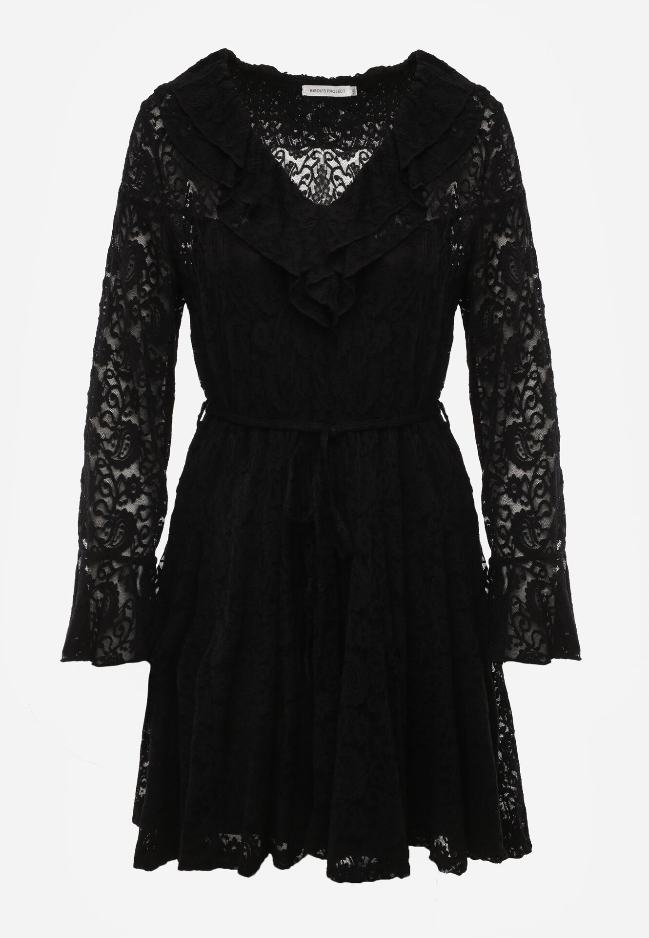 Czarna Koronkowa Sukienka z Cienkim Paskiem i Rozkloszowanymi Rękawami Jovaila