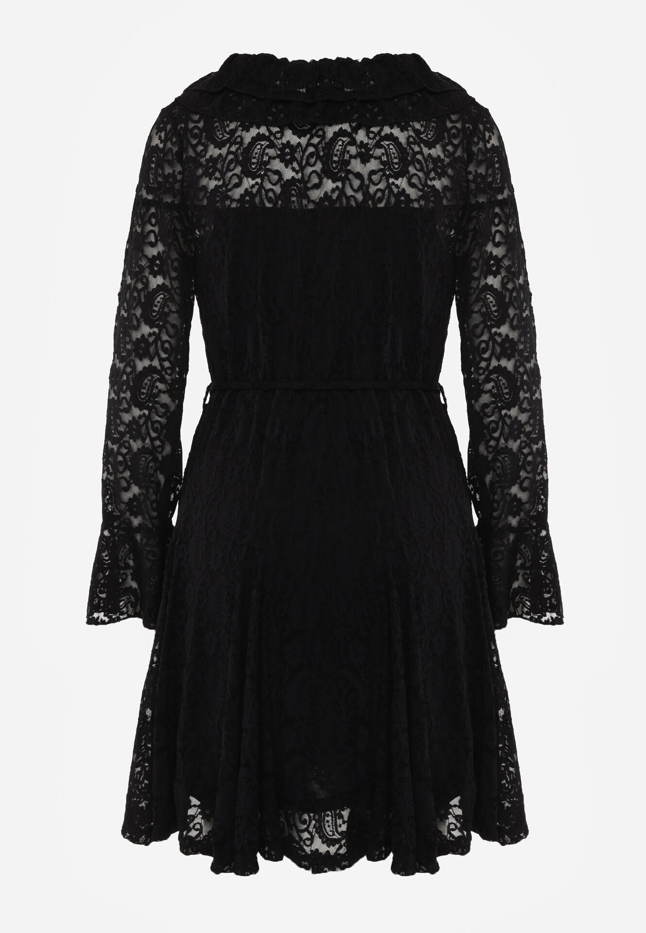 Czarna Koronkowa Sukienka z Cienkim Paskiem i Rozkloszowanymi Rękawami Jovaila