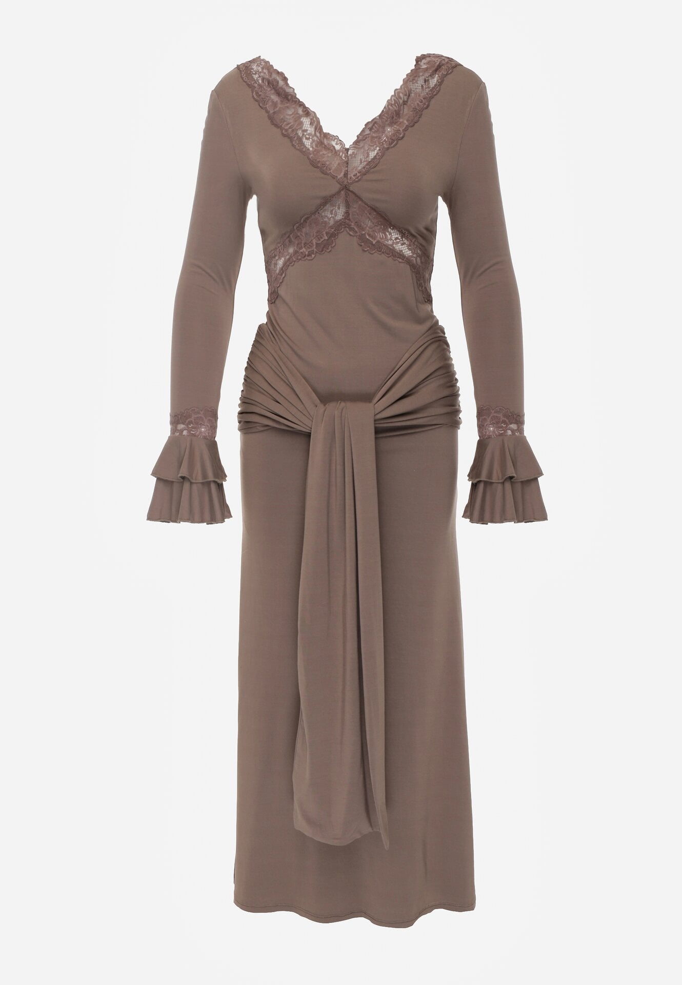 Brązowa Koktajlowa Sukienka z Wiskozy Zdobiona Falbanami Koronką i Wiązaniem Felycia