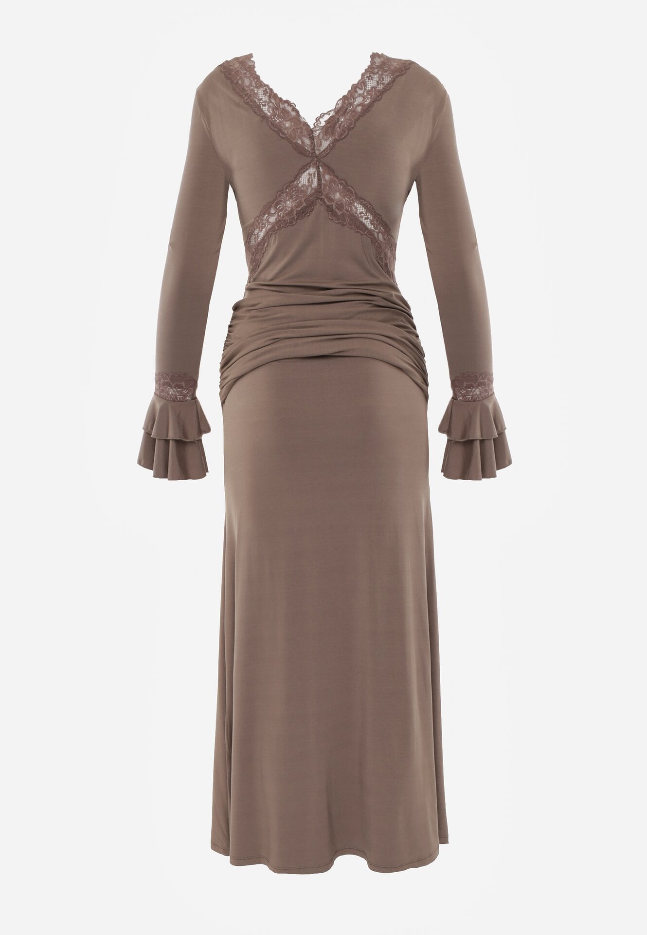 Brązowa Koktajlowa Sukienka z Wiskozy Zdobiona Falbanami Koronką i Wiązaniem Felycia