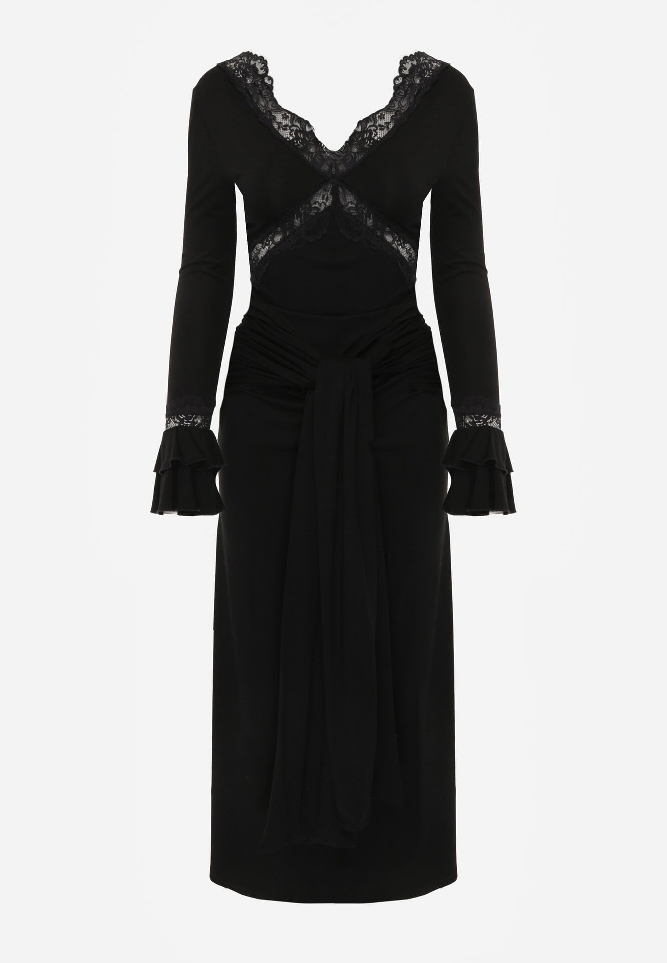 Czarna Koktajlowa Sukienka z Wiskozy Zdobiona Falbanami Koronką i Wiązaniem Felycia