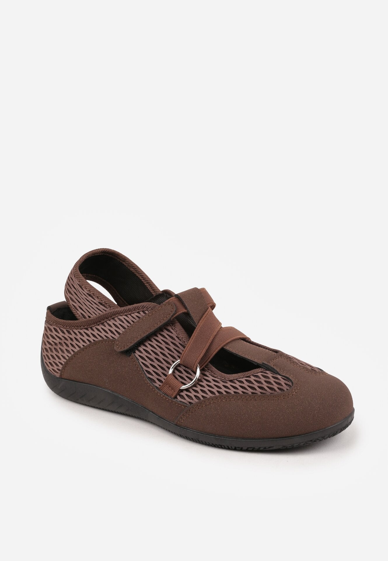 Brązowe Siateczkowe Tenisówki w Stylu Balerinek z Paskiem na Rzep Talenate