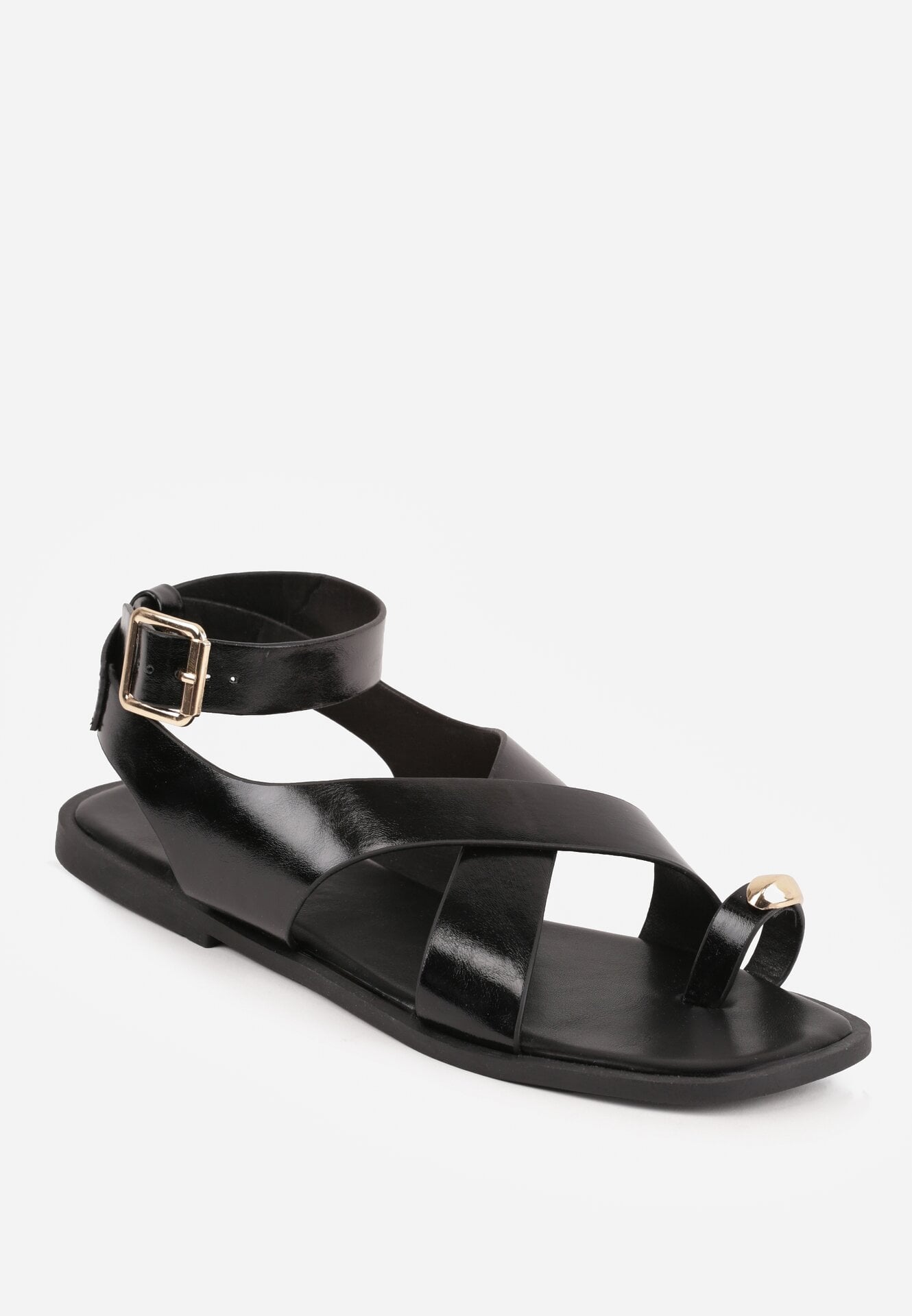 Czarne Sandały Typu Japonki z Metaliczną Ozdobą Meledra