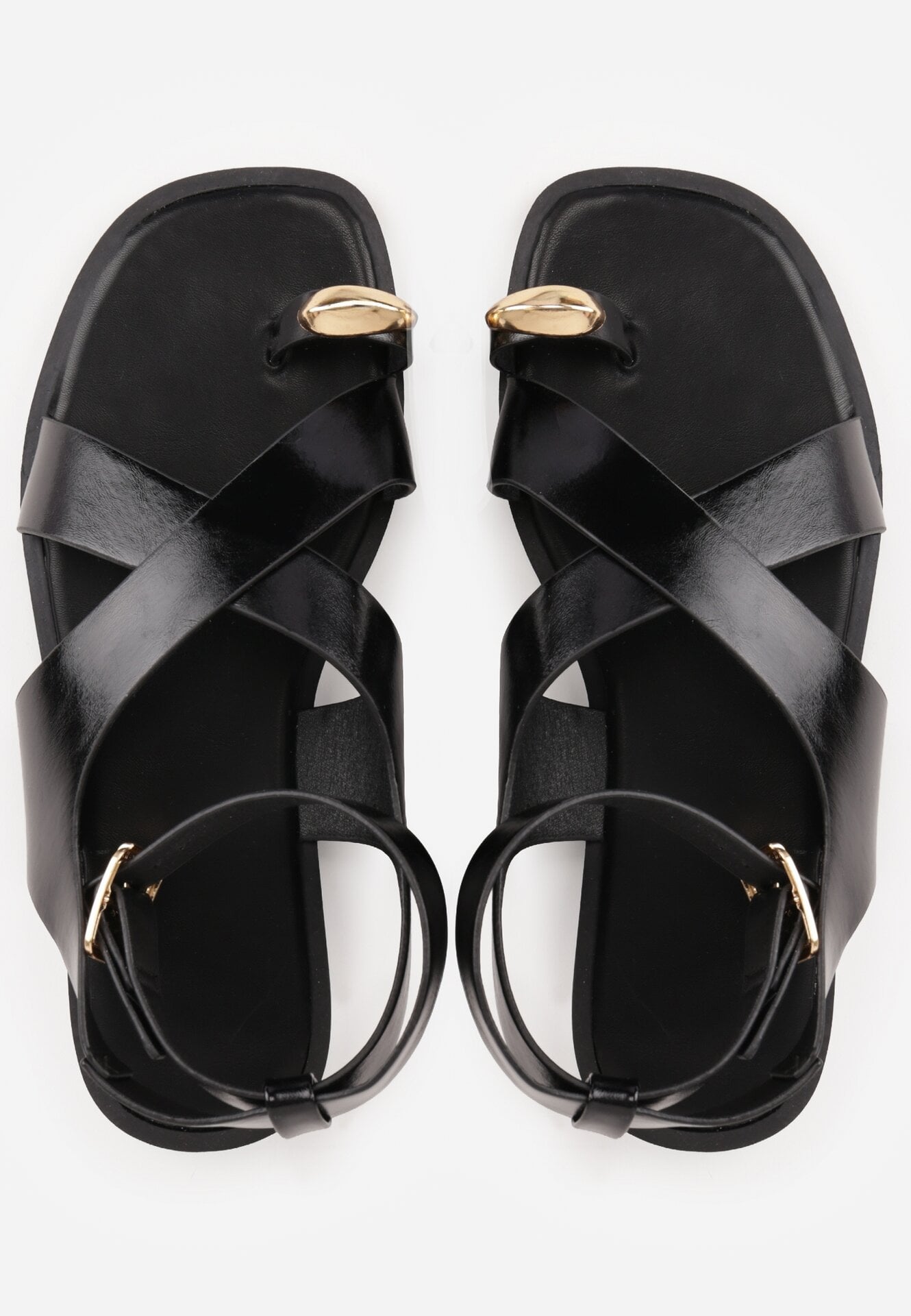 Czarne Sandały Typu Japonki z Metaliczną Ozdobą Meledra