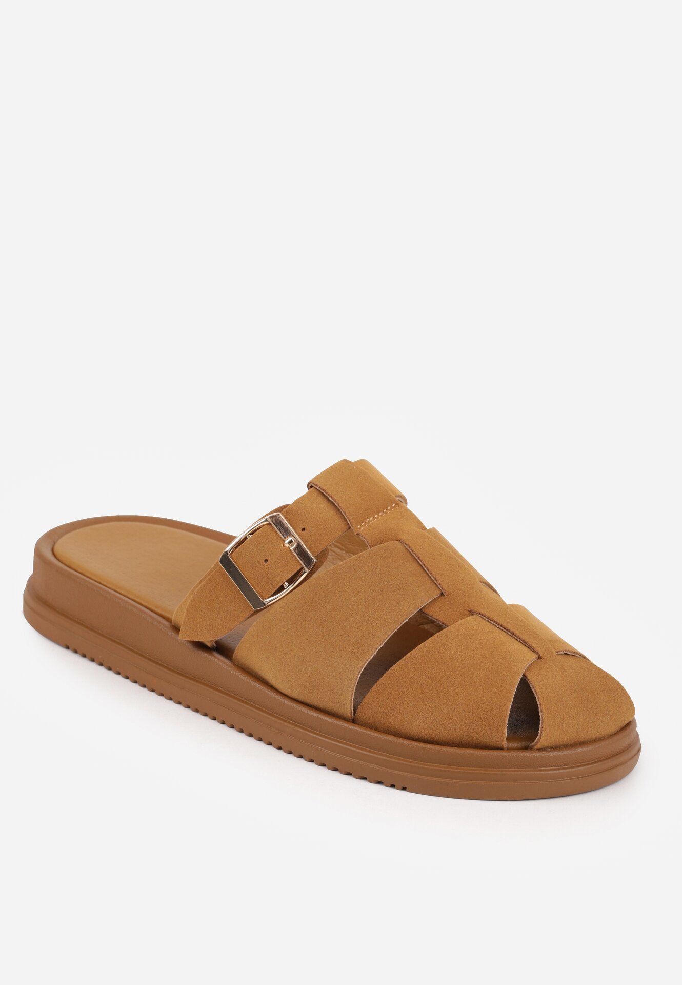 Brązowe Klapki z Paskami i Kwadratową Sprzączką Olyndar