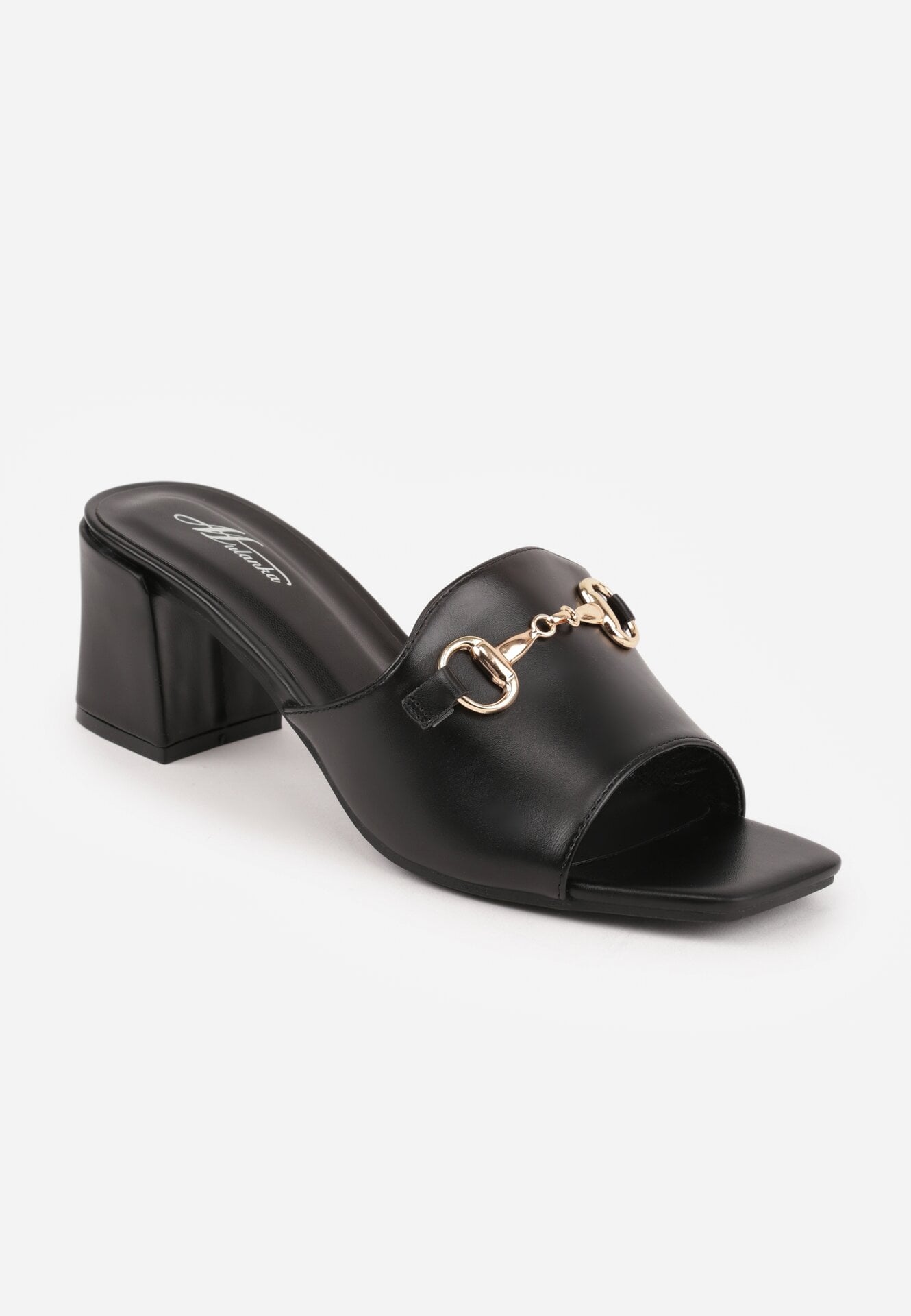 Czarne Eleganckie Klapki na Słupku z Odkrytym Noskiem i Metaliczną Aplikacją Anazia