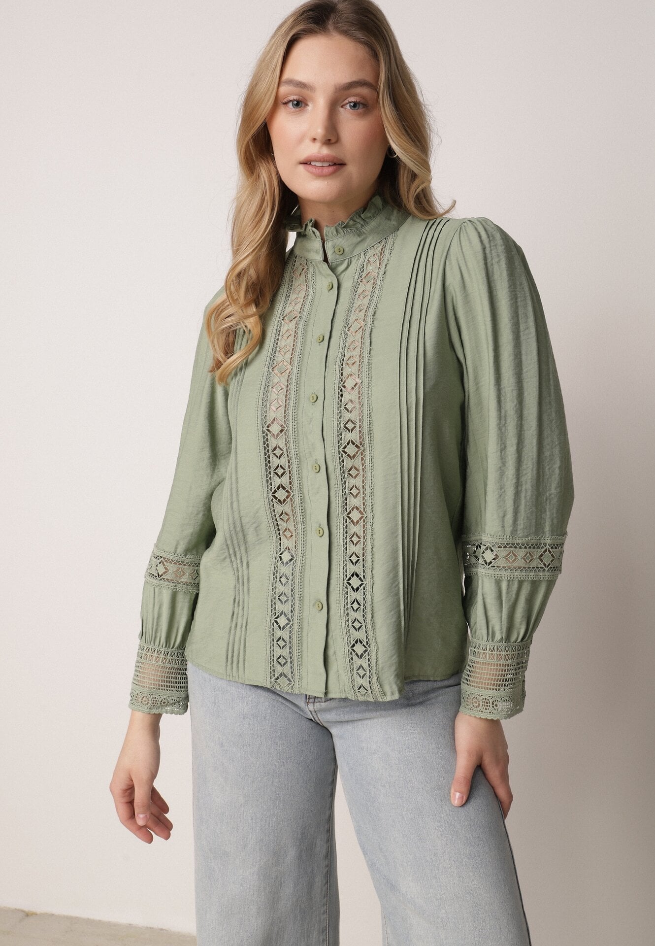 Zielona Koszula ze Stójką i Koronką Argochis