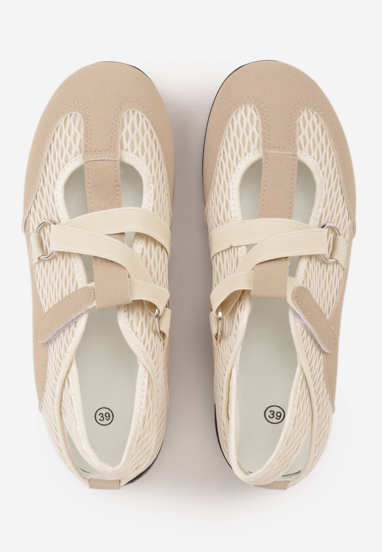 Ciemnobeżowe Siateczkowe Tenisówki w Stylu Balerinek z Paskiem na Rzep Talenate