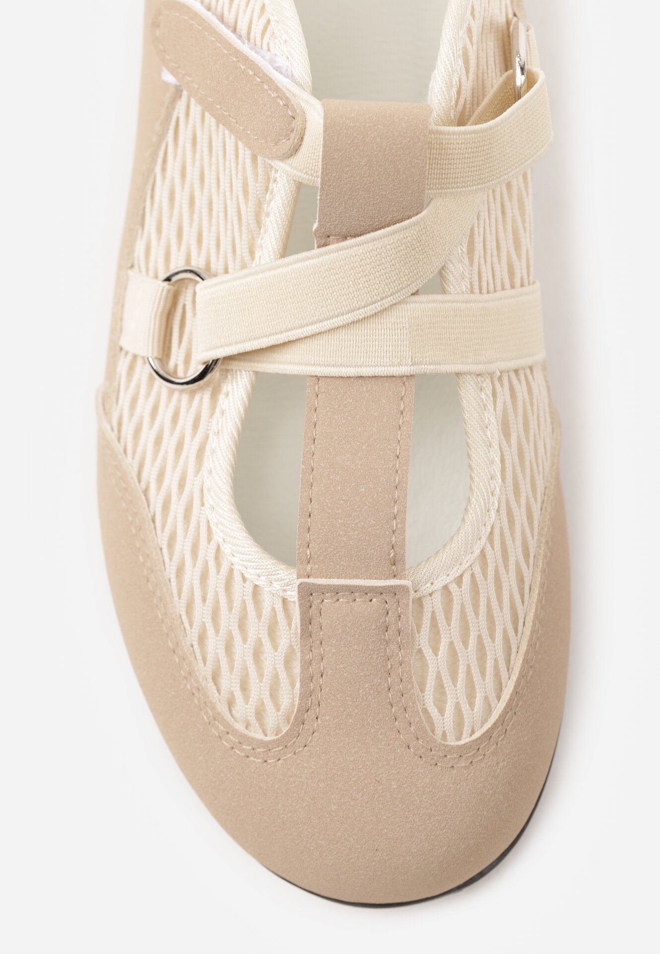 Ciemnobeżowe Siateczkowe Tenisówki w Stylu Balerinek z Paskiem na Rzep Talenate