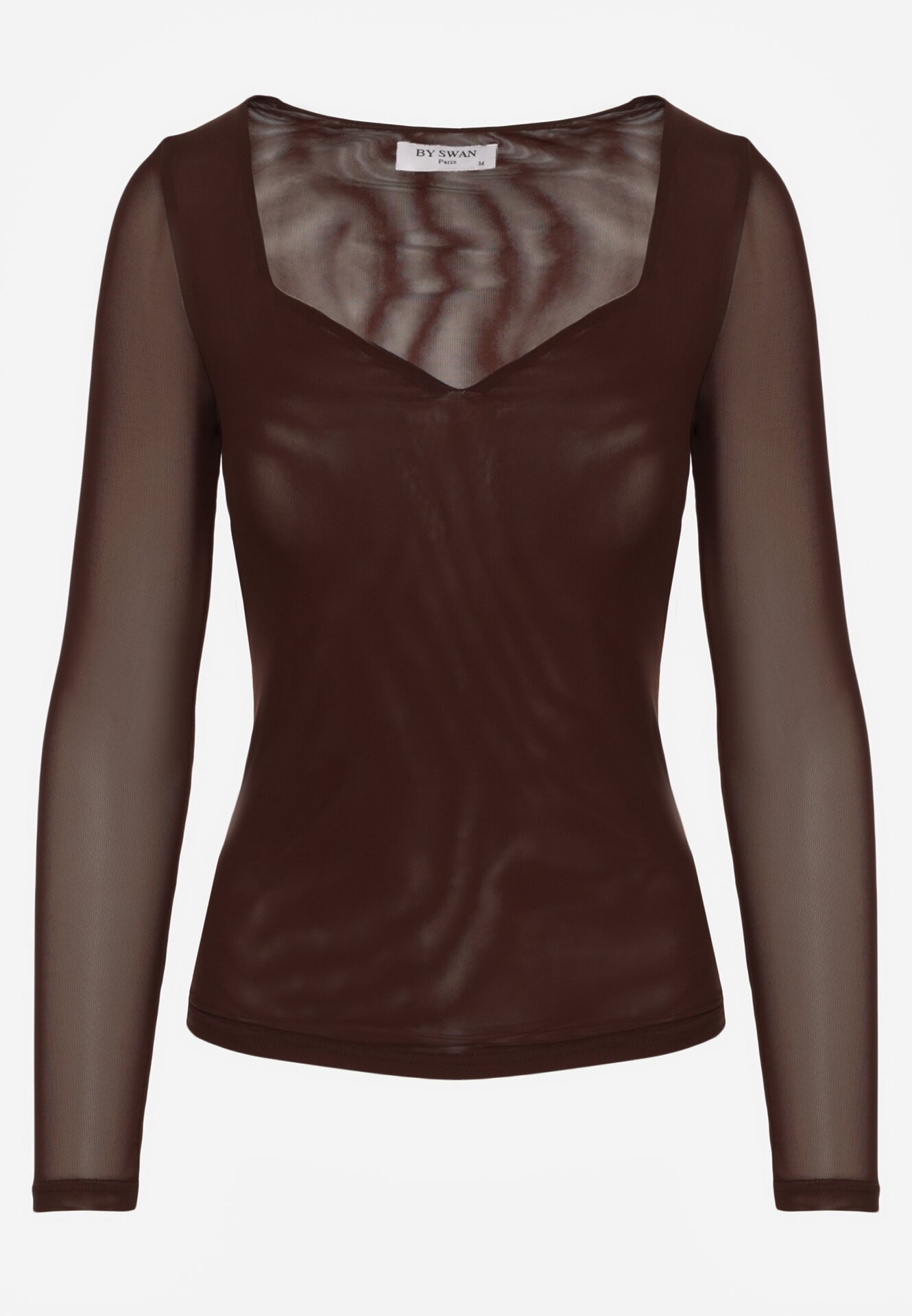 Ciemnobrązowa Bluzka Siateczkowa z Wiskozą z Długim Rękawem i Dekoltem w Serce Elanne