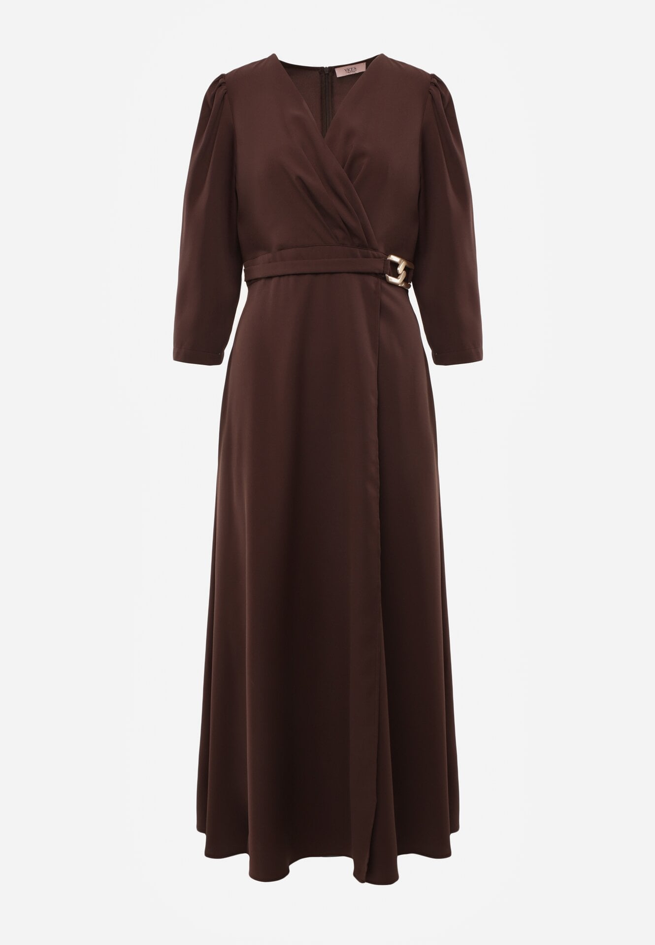 Brązowa Kopertowa Sukienka Wieczorowa z Metaliczną Aplikacją w Talii Henalana