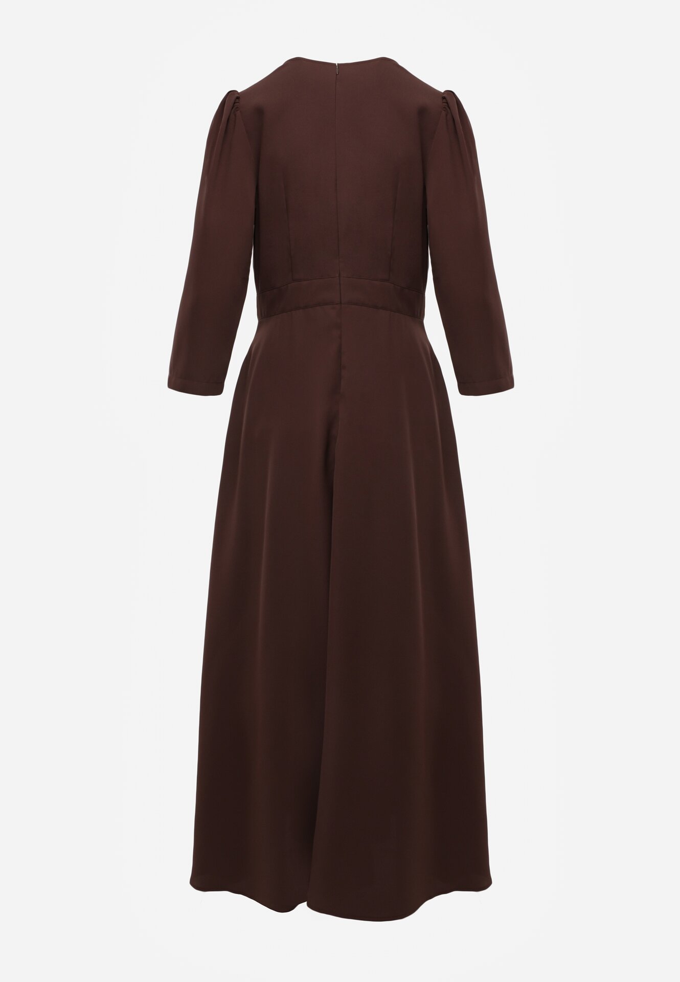 Brązowa Kopertowa Sukienka Wieczorowa z Metaliczną Aplikacją w Talii Henalana