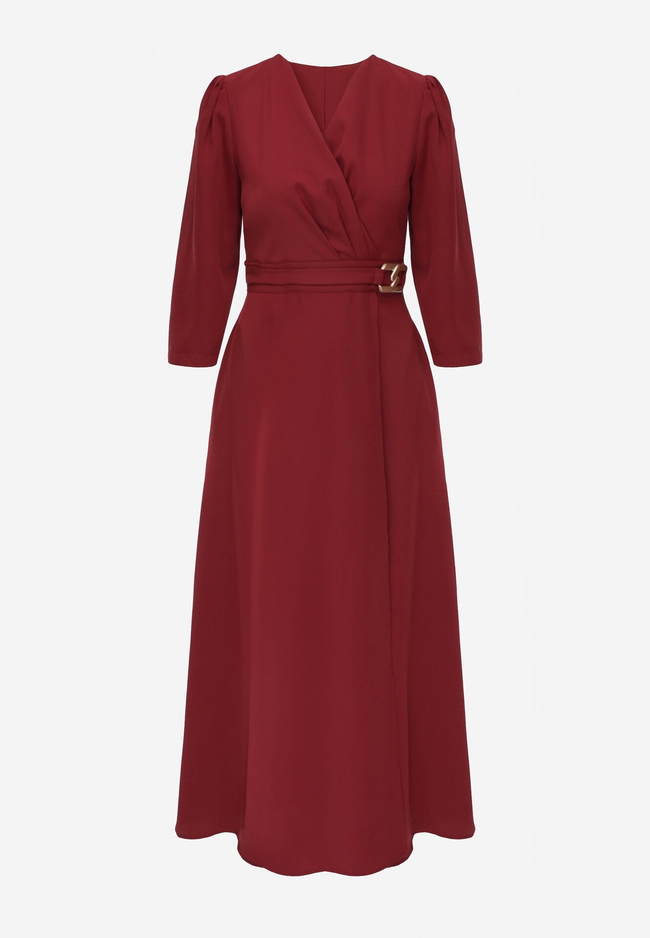 Bordowa Kopertowa Sukienka Wieczorowa z Metaliczną Aplikacją w Talii Henalana