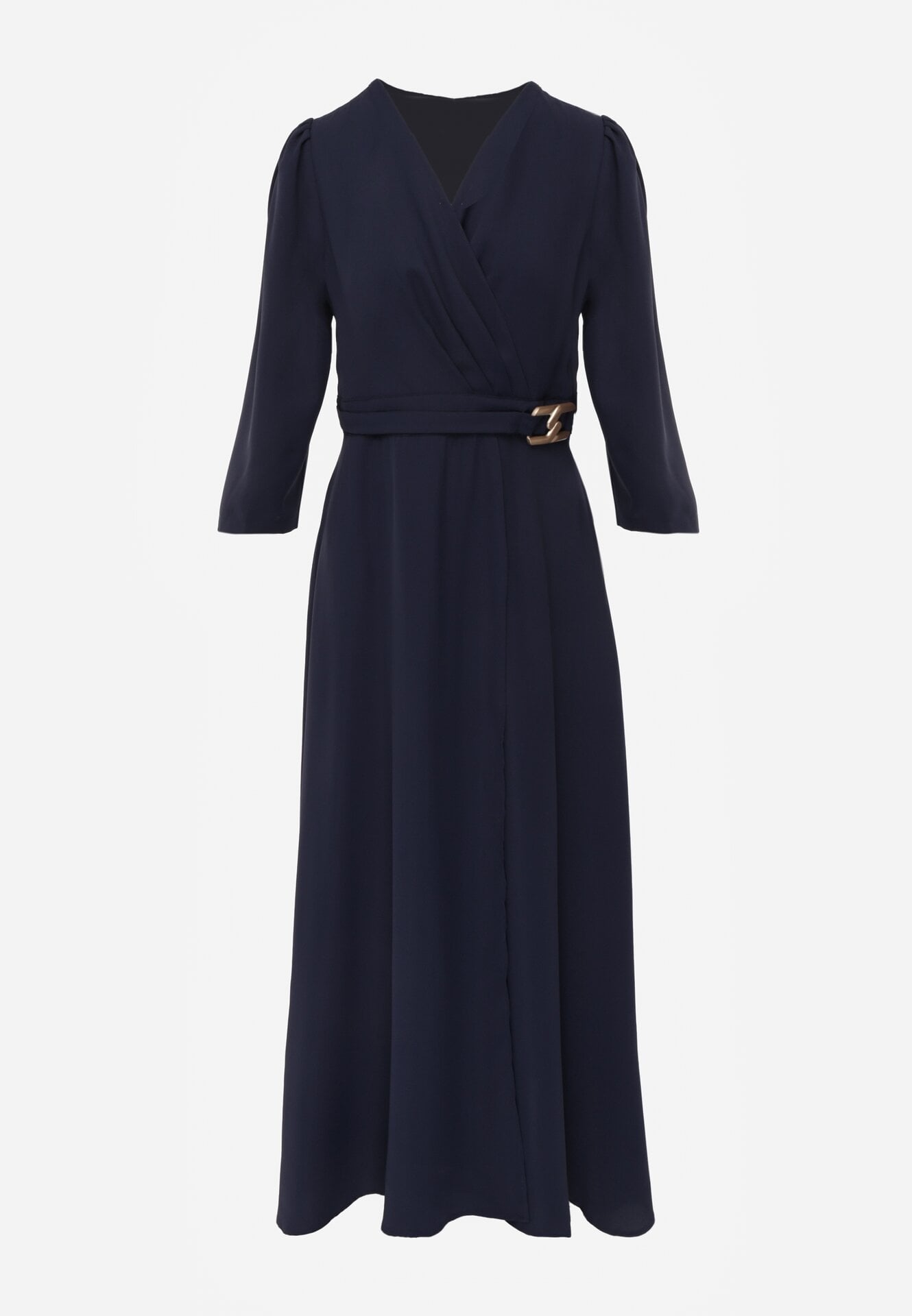 Granatowa Kopertowa Sukienka Wieczorowa z Metaliczną Aplikacją w Talii Henalana