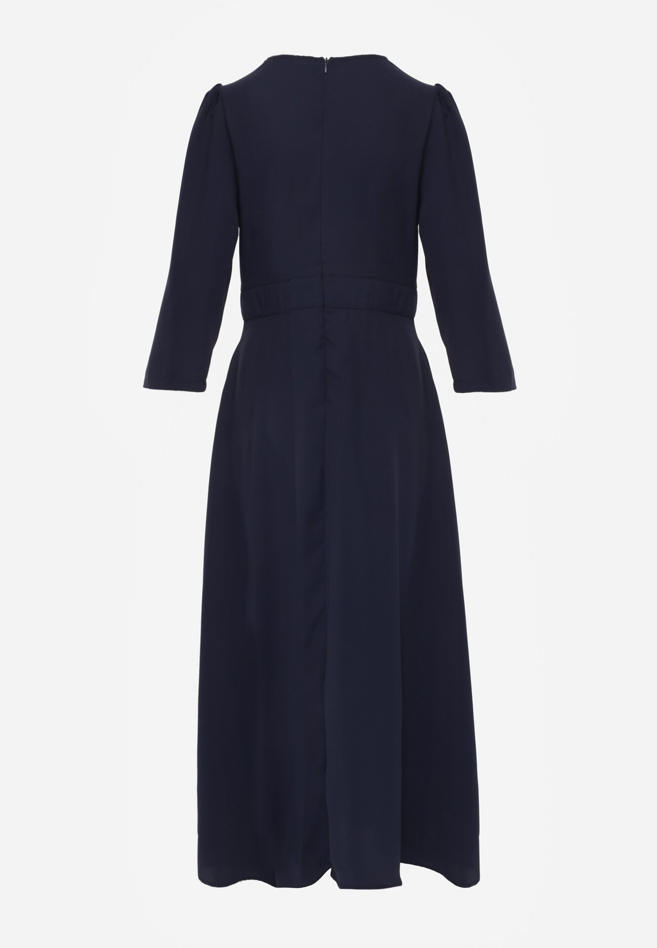 Granatowa Kopertowa Sukienka Wieczorowa z Metaliczną Aplikacją w Talii Henalana