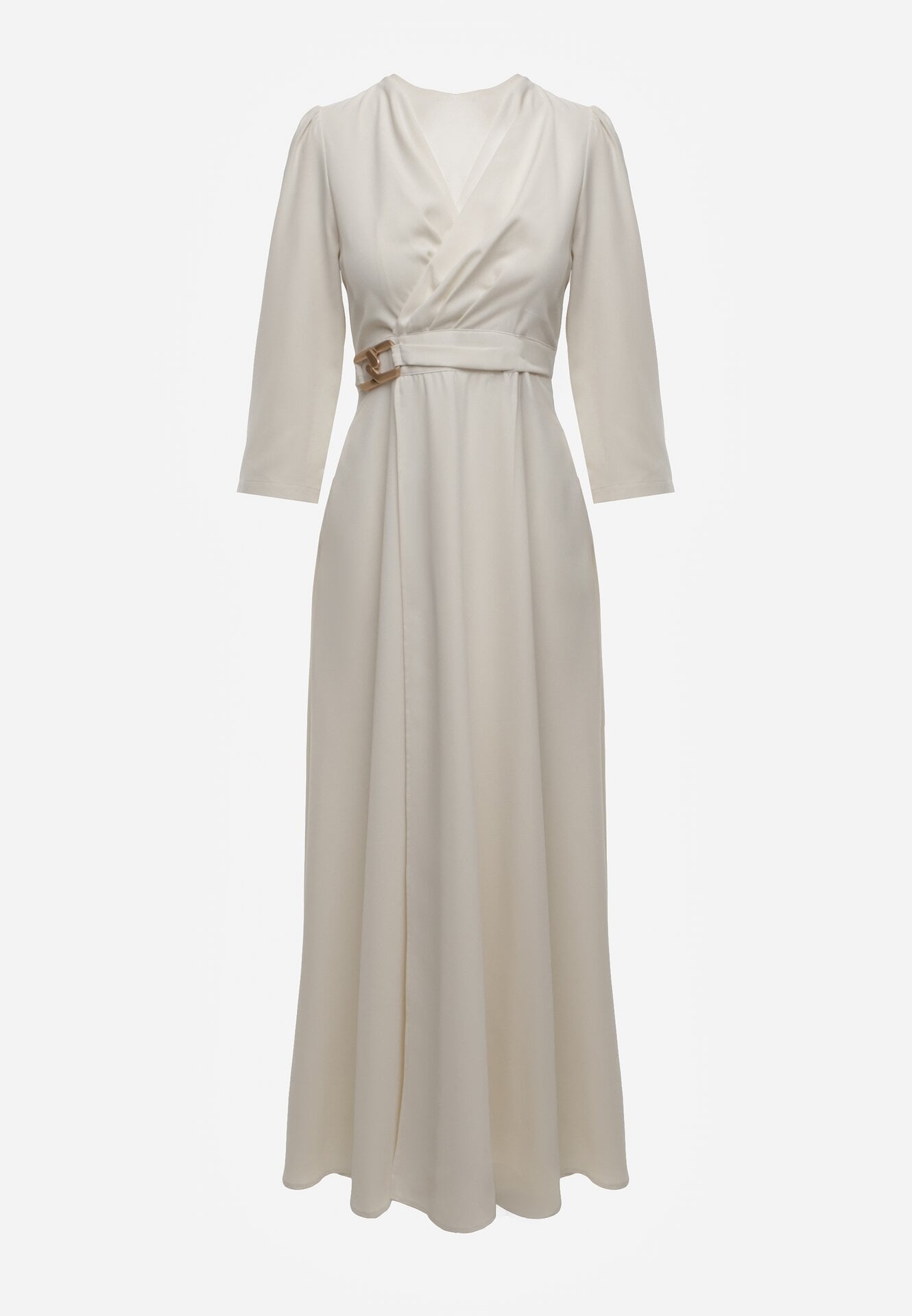 Jasnobeżowa Kopertowa Sukienka Wieczorowa z Metaliczną Aplikacją w Talii Henalana