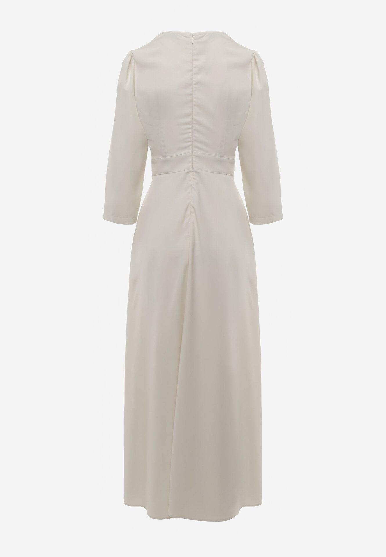 Jasnobeżowa Kopertowa Sukienka Wieczorowa z Metaliczną Aplikacją w Talii Henalana