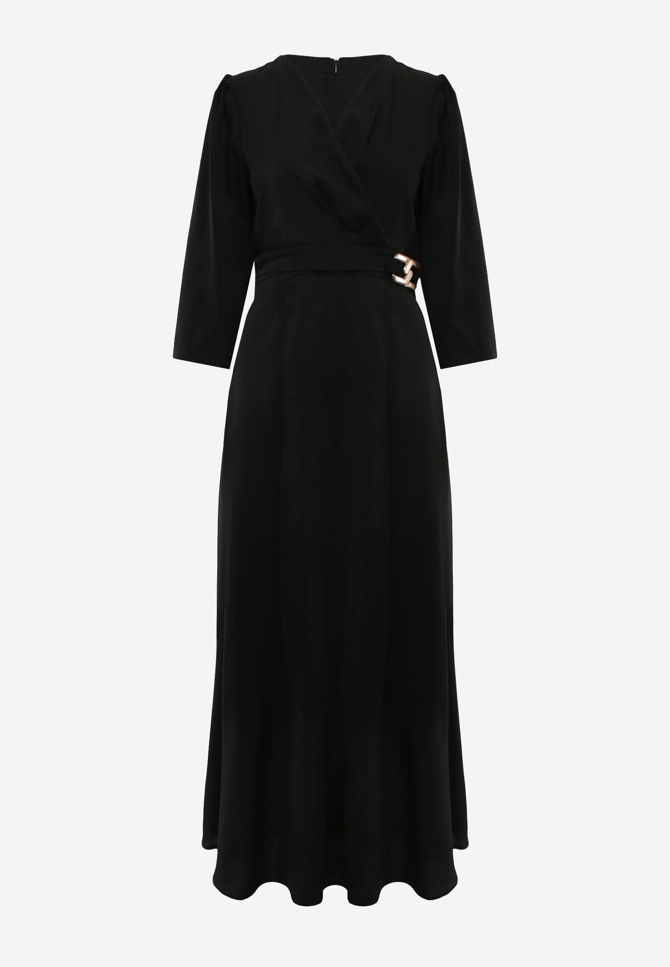 Czarna Kopertowa Sukienka Wieczorowa z Metaliczną Aplikacją w Talii Henalana