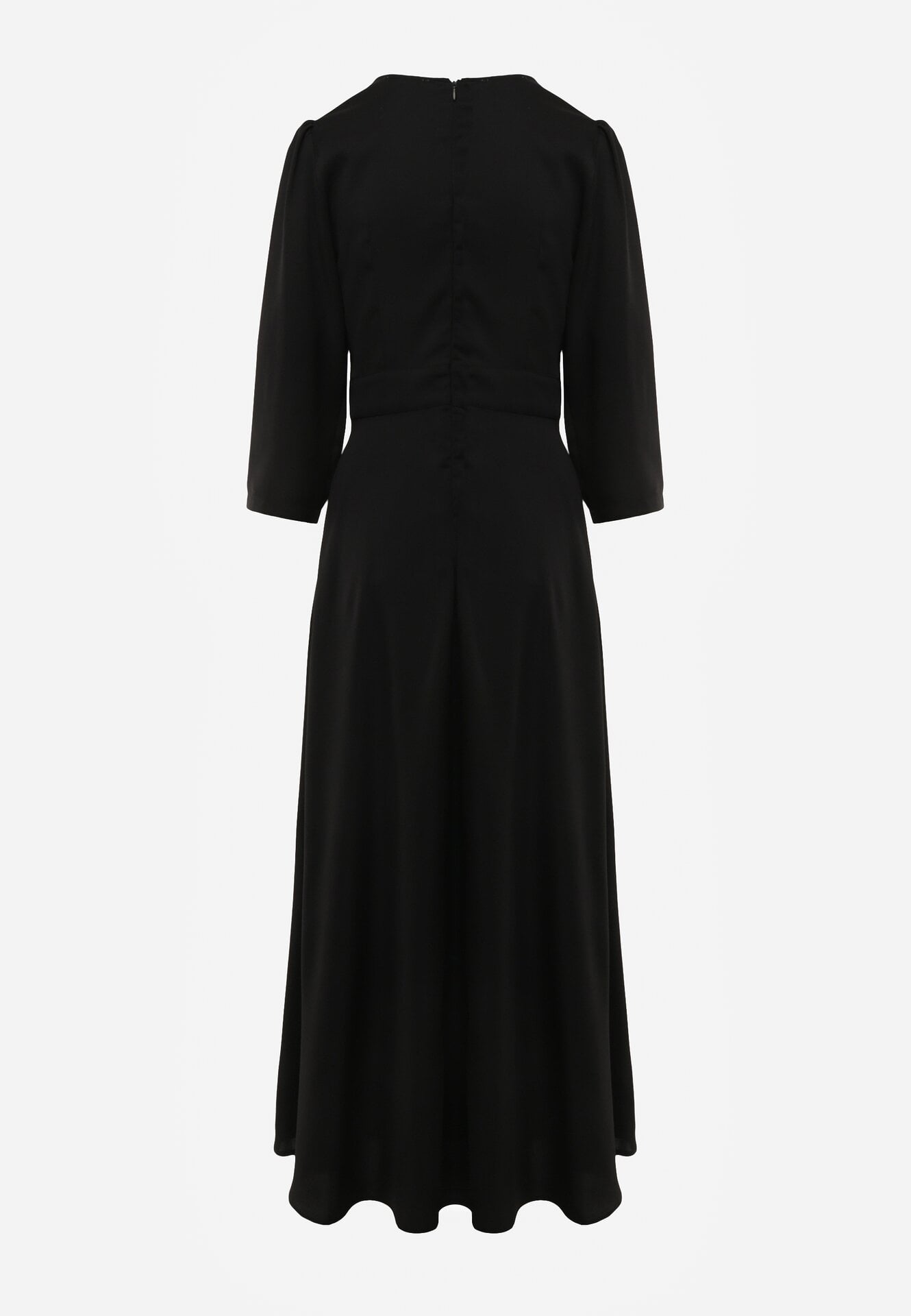 Czarna Kopertowa Sukienka Wieczorowa z Metaliczną Aplikacją w Talii Henalana