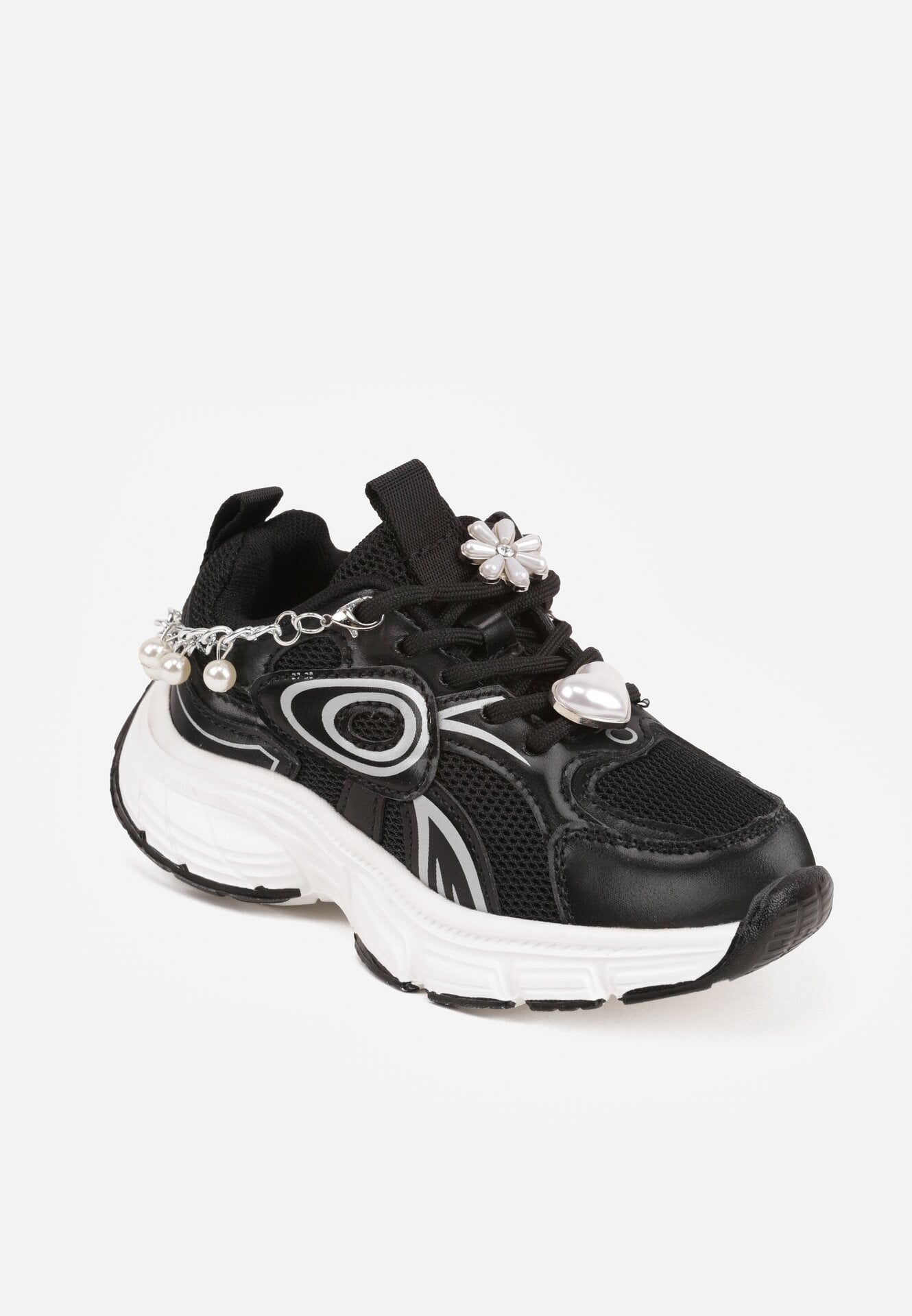 Czarne Buty Sportowe Sneakersy Chunky z Ozdobnym Łańcuszkiem z Perełkami Nephenilla