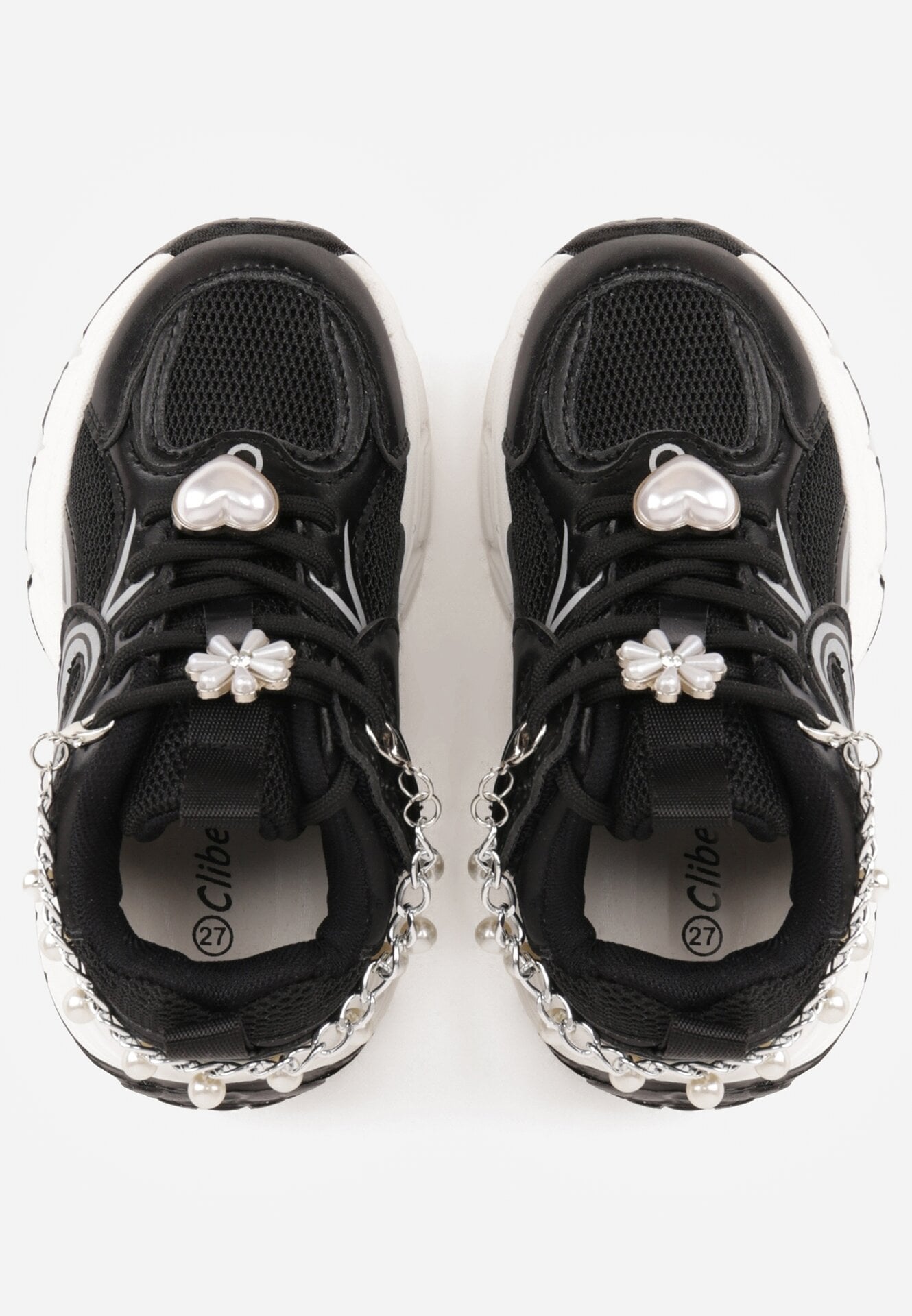 Czarne Buty Sportowe Sneakersy Chunky z Ozdobnym Łańcuszkiem z Perełkami Nephenilla