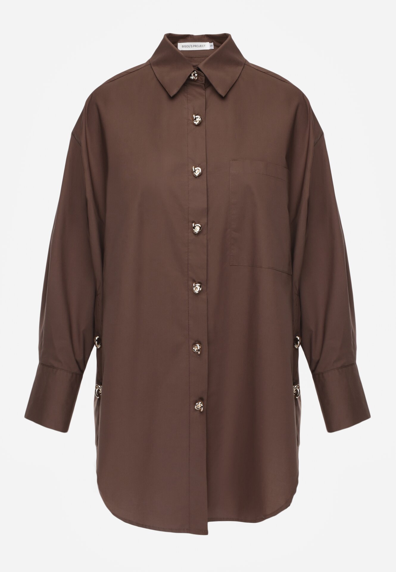 Brązowa Bawełniana Koszula Oversize z Biżuteryjnymi Guzikami Adrearina