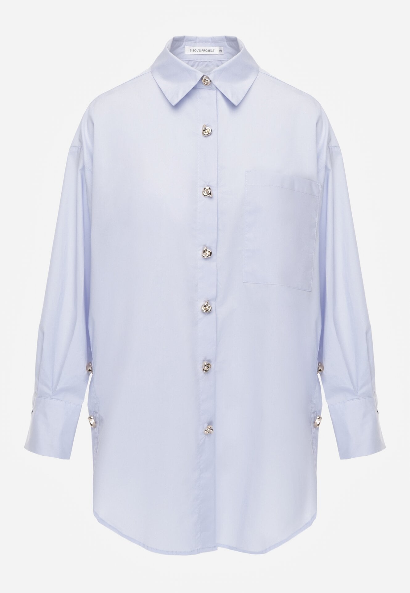 Niebieska Bawełniana Koszula Oversize z Biżuteryjnymi Guzikami Adrearina