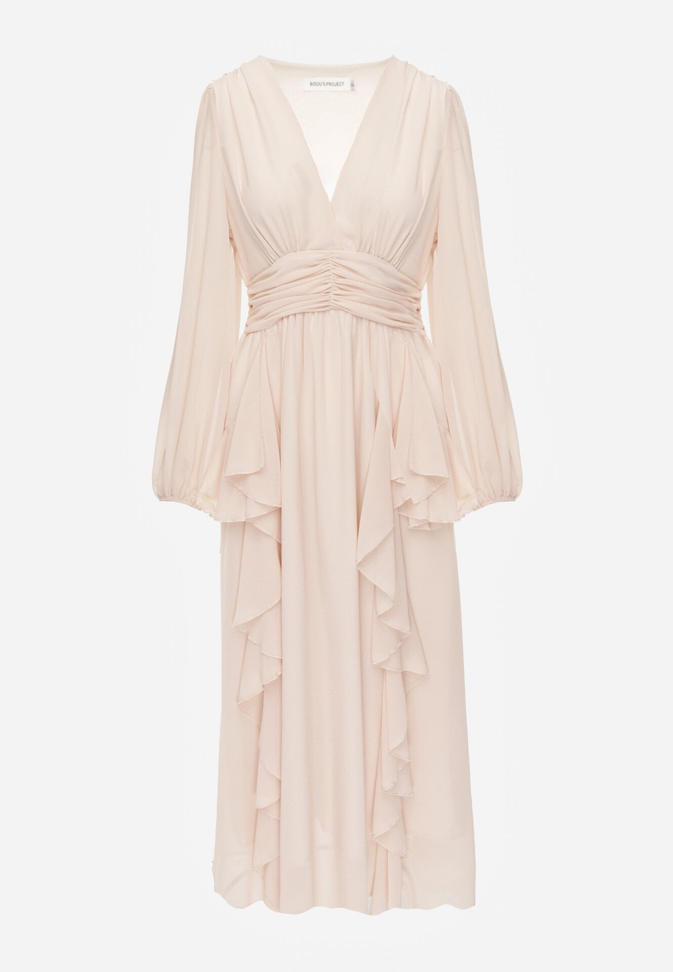 Beżowa Romantyczna Sukienka Koktajlowa z Falbanami i Marszczeniem w Pasie Aranilla